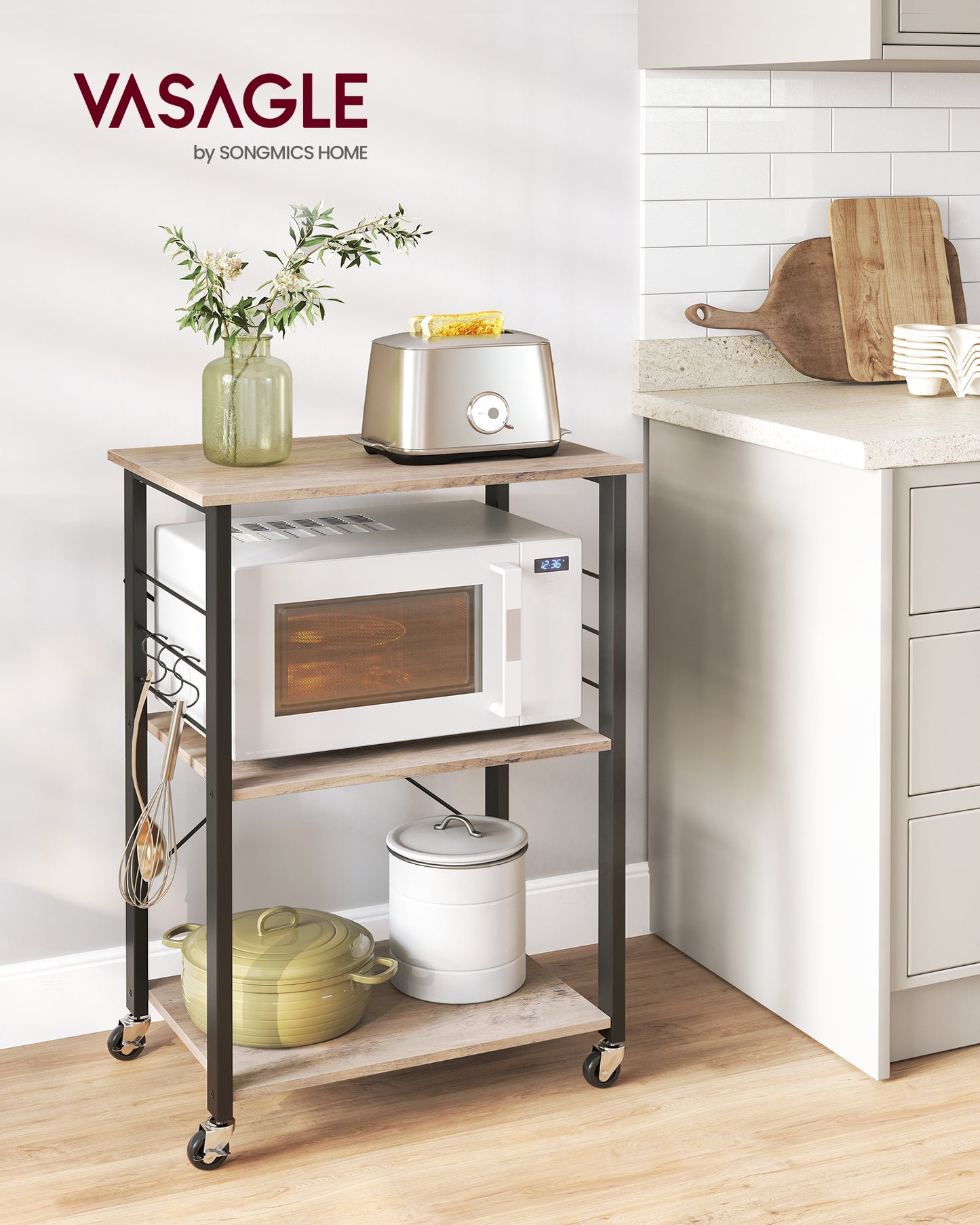 Kitchen Shelf on Wheels, Serving Cart with 3 Shelves, Kitchen Cart, Industrial Style, Greige