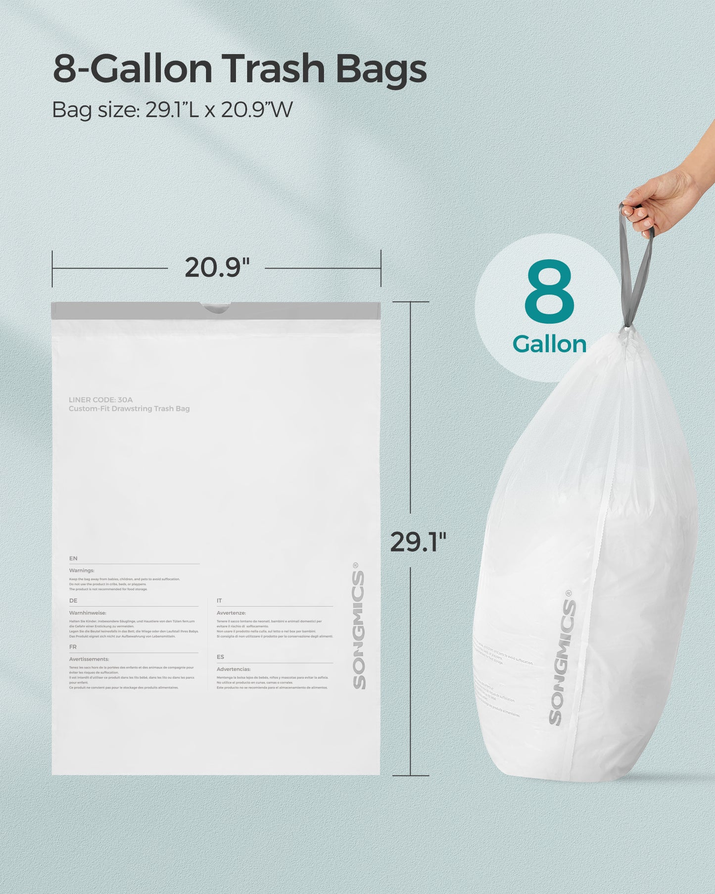 0.8 mil Heavy-Duty Trash Bags - 44lb Capacity, Tear & Leak Proof, Pre-Separated, Drawstring Closure, Fits SONGMICS 8 Gal Can (30A, 4x45 Rolls), White