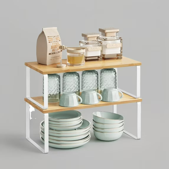 Kitchen Counter Shelves Set of 2 - Stackable Cabinet Organizer Shelf, Spice Rack, Metal and Engineered Wood Storage