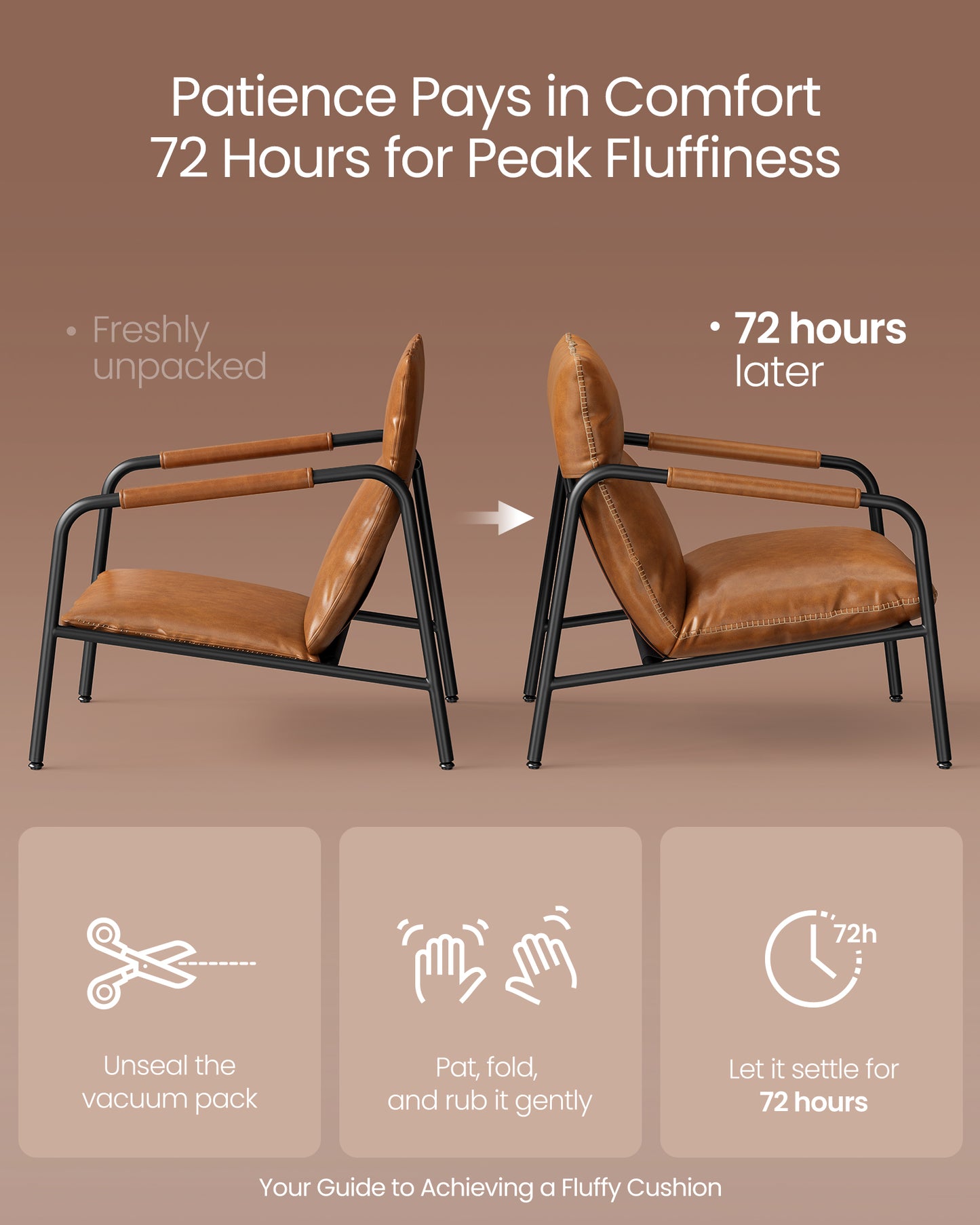 Accent Chair, Metal Framed Armchair, Synthetic Leather with Stitching, Mid-Century Modern, Sling Chair for Living, Bedroom, Reading Room, Lounge, Caramel Brown