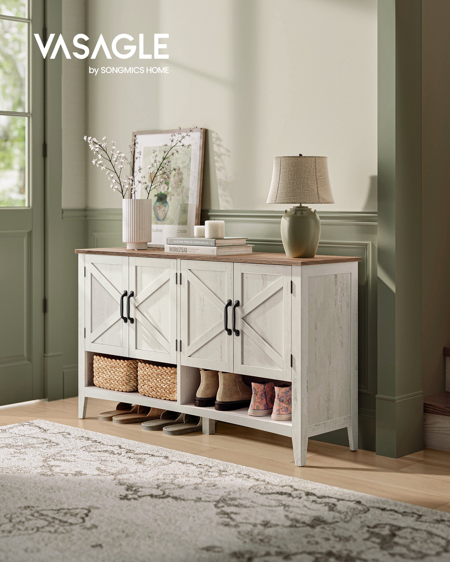 Shoe Cabinet, 3-Tier Shoe Storage Organizer, Shoe Shelf, Freestanding Cabinet with Height-Adjustable Shelf, 13.8 x 47.2 x 27.6 Inches, Rustic White