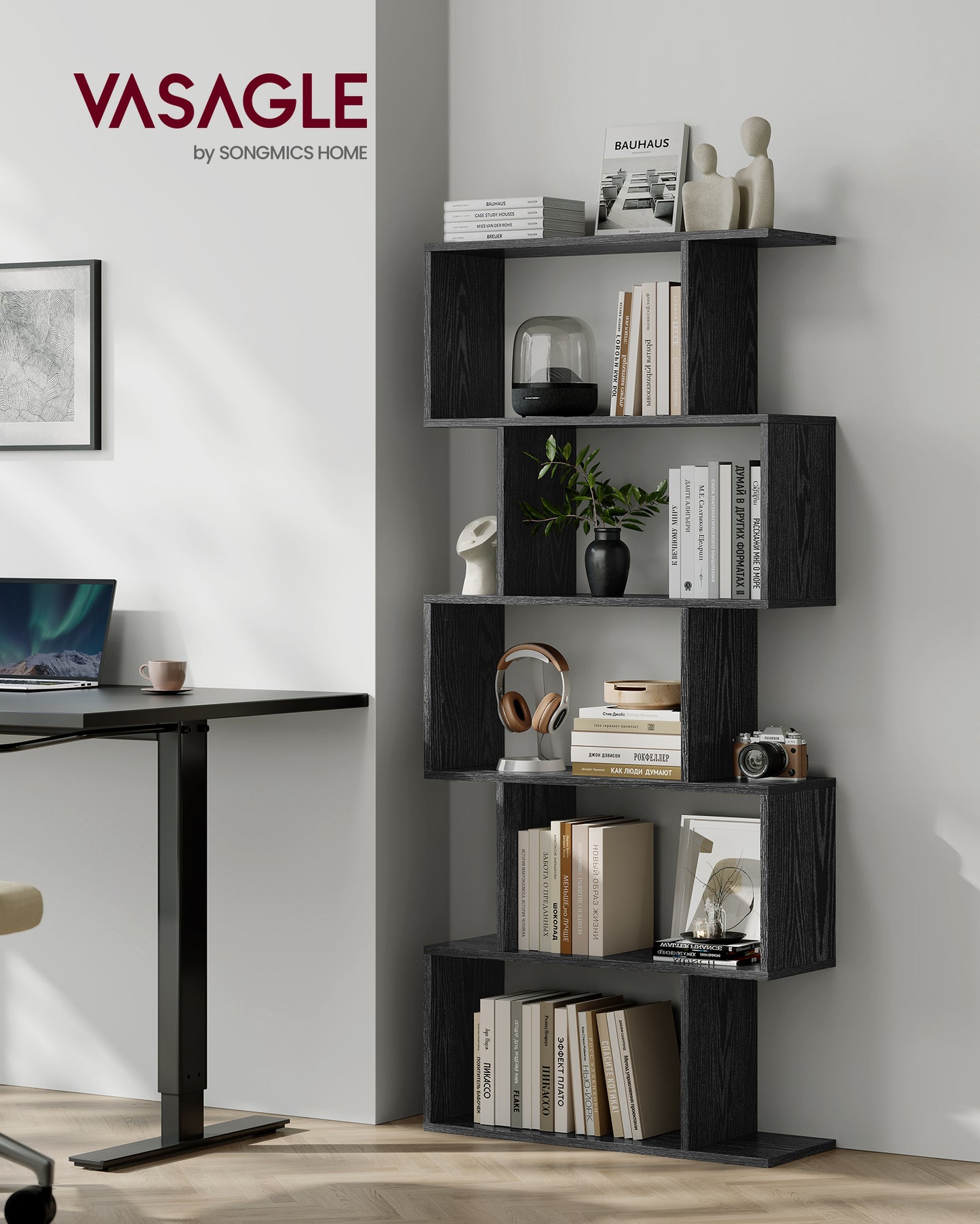 VASAGLE Bookshelf, 5-Tier Bookcase, Tall Display Shelf, Freestanding Storage Shelf, Room Divider Ebony Black