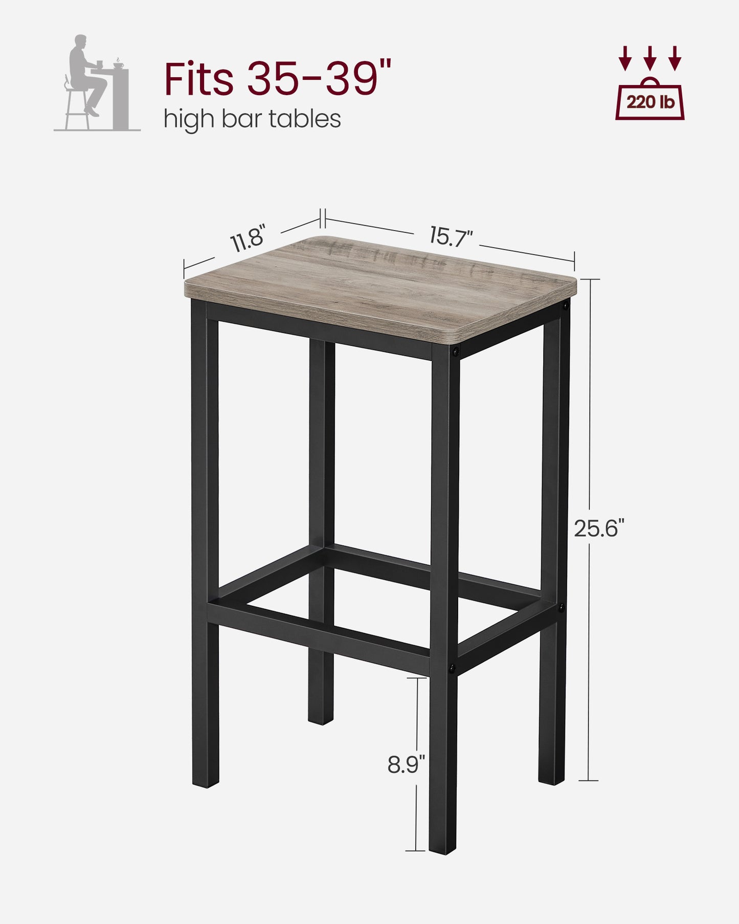 LEDREM Bar Stools, Set of 2 Bar Chairs, Kitchen Breakfast Bar Stools with Footrest, Industrial in Living Room, Party Room, Greige and Black