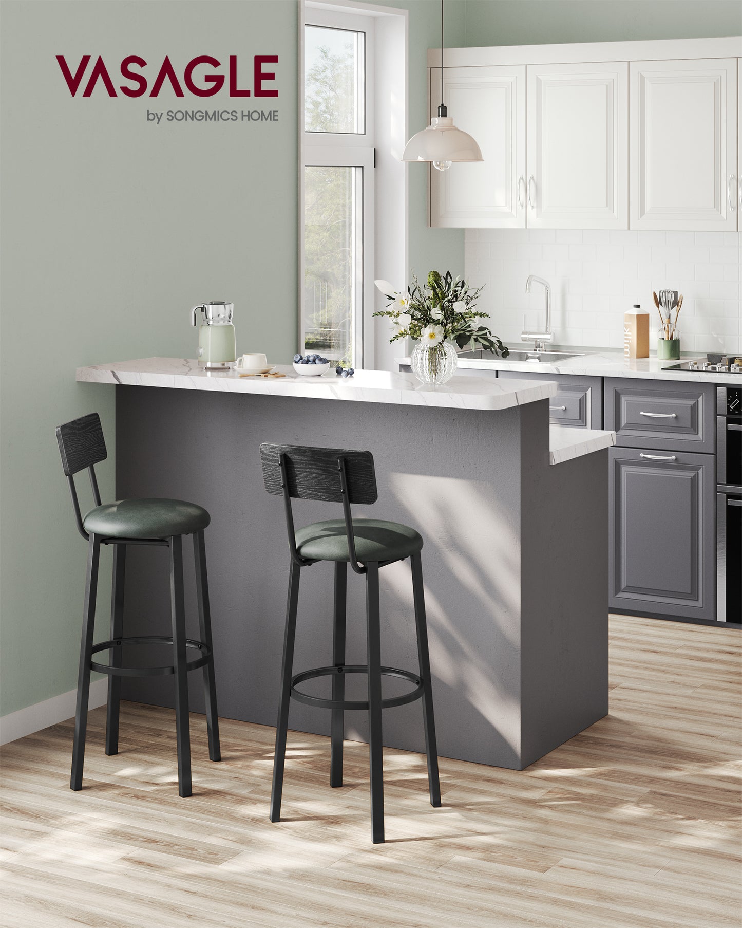 VASAGLE 2 Pack Bar Stools, PU Upholstered Breakfast Stools, 29.7'' Barstools with Back and Footrest