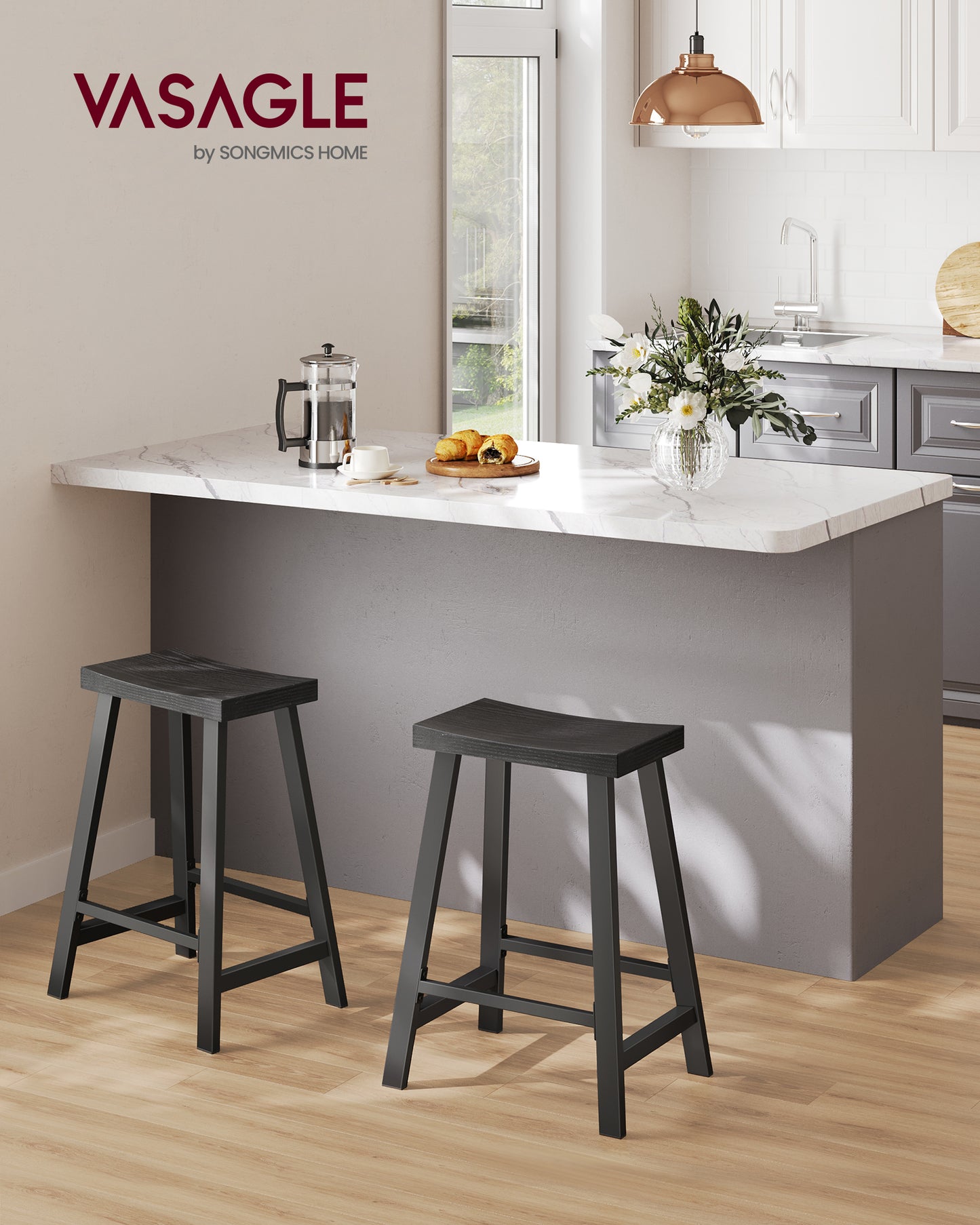VASAGLE 2 Pack Bar Stools, Bar Chairs, Kitchen Breakfast Bar Stools with Footrest, Black