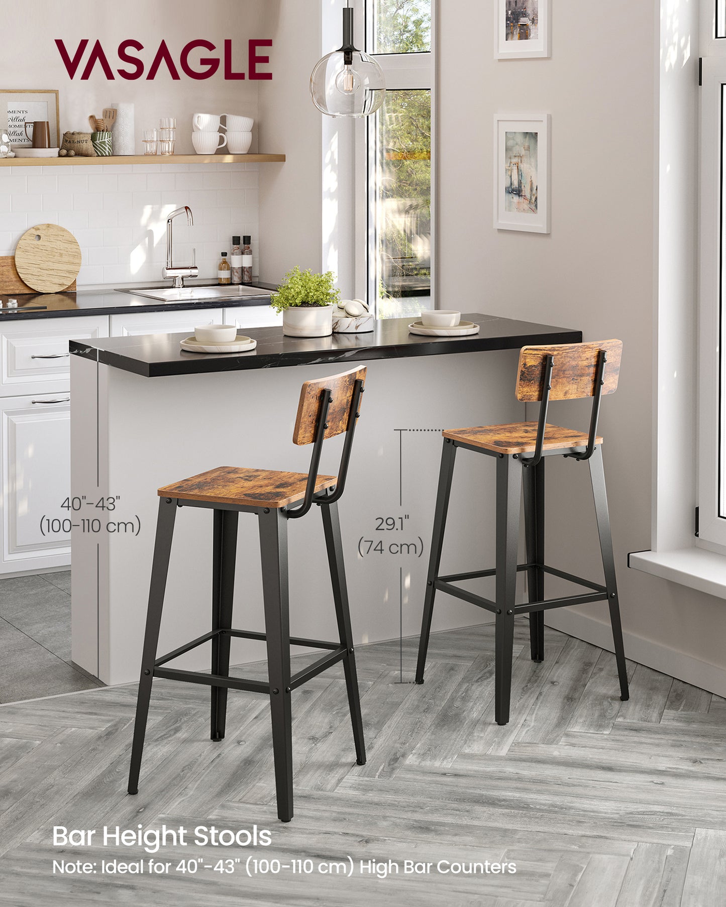 Set of 2 Bar Stools, Bar Height Stools, 29.1 Inches Tall Barstools with Back, Counter Bar Chairs for Kitchen Island, Steel Frame, Industrial Style, Easy Assembly, Rustic Brown and Ink Black