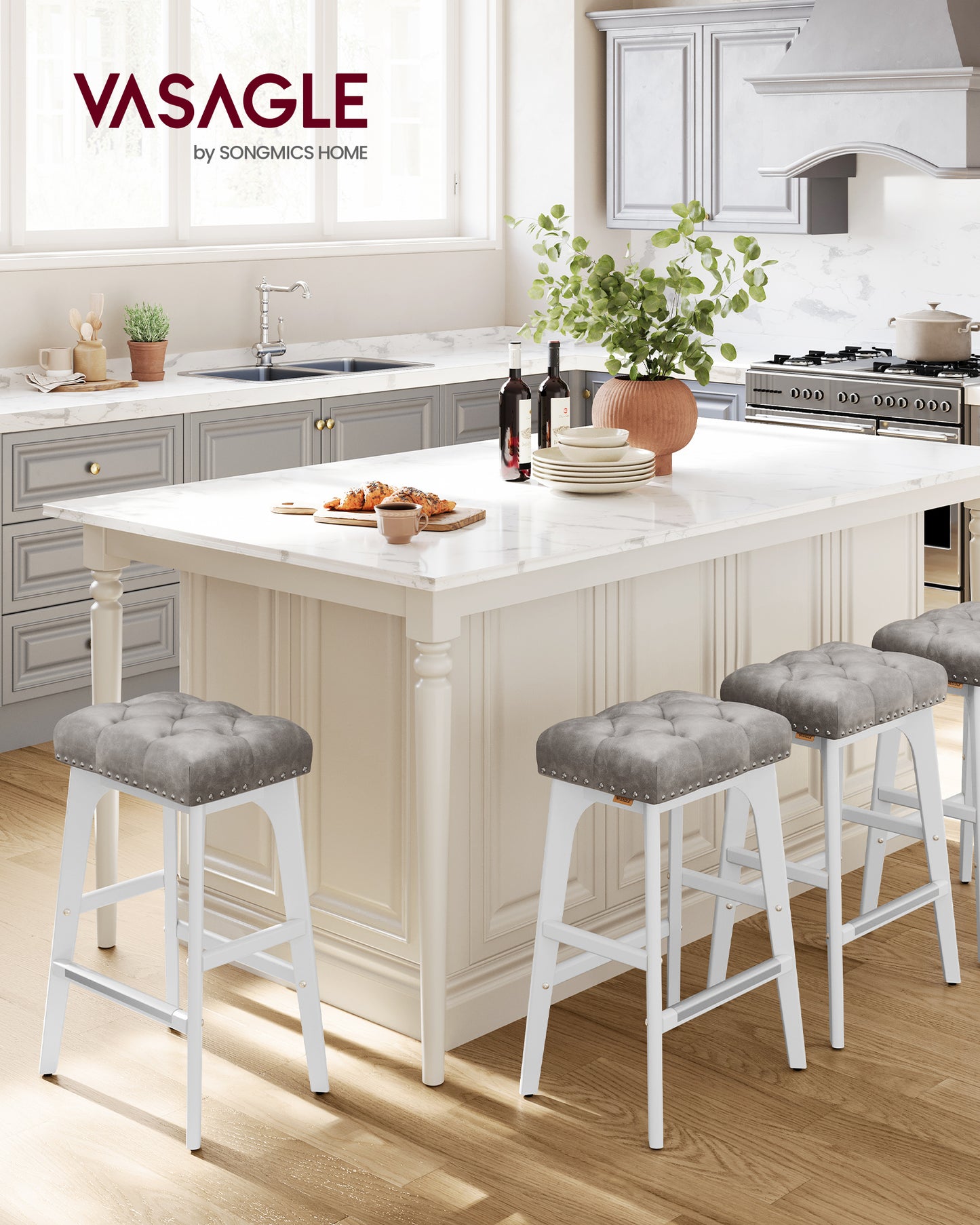 Bar Stools Set of 2, Saddle Counter Height Bar Stools, 26-Inch Backless Kitchen Stools with Wood Legs, PU Leather Thickened Upholstered Barstools for Kitchen Island Dining Room, Dove Gray