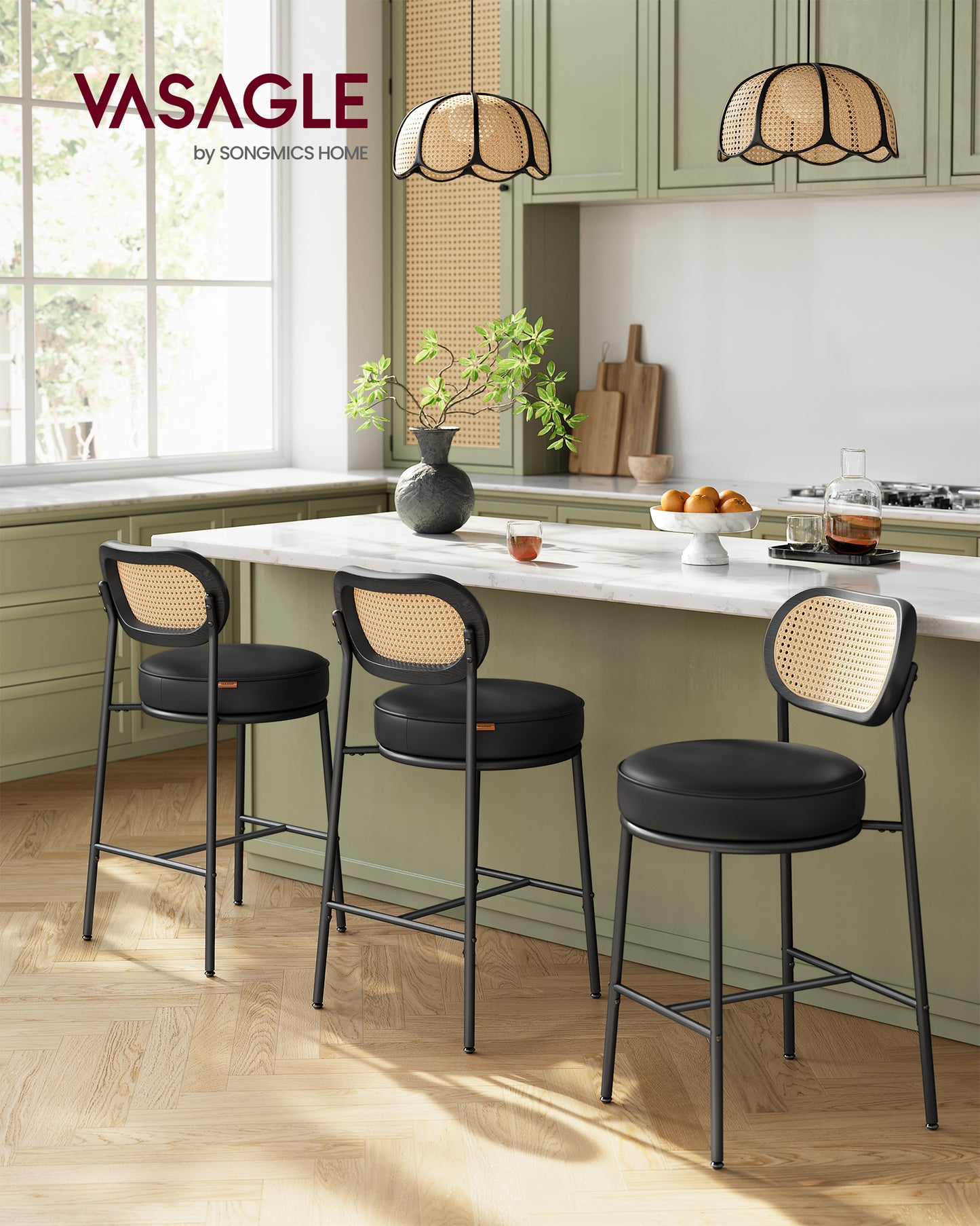 VASAGLE Bar Stools Set of 2, Counter Height Bar Stool with PE Rattan Back, Synthetic Leather Upholstered Stools for Kitchen Island Dining Room, 25.1-Inch Bar Chairs, Ink Black