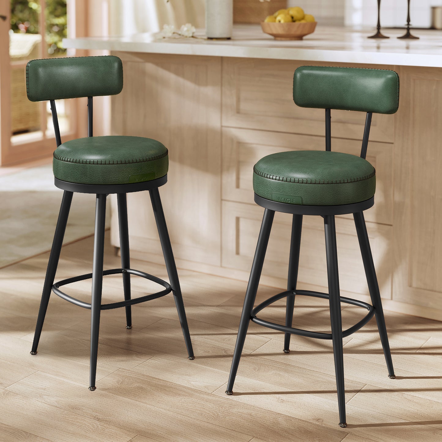 VASAGLE EKHO Collection - Bar Stools Set of 2, Counter Height Swivel Bar Stools with Back, Synthetic Leather with Stitching Forest Green