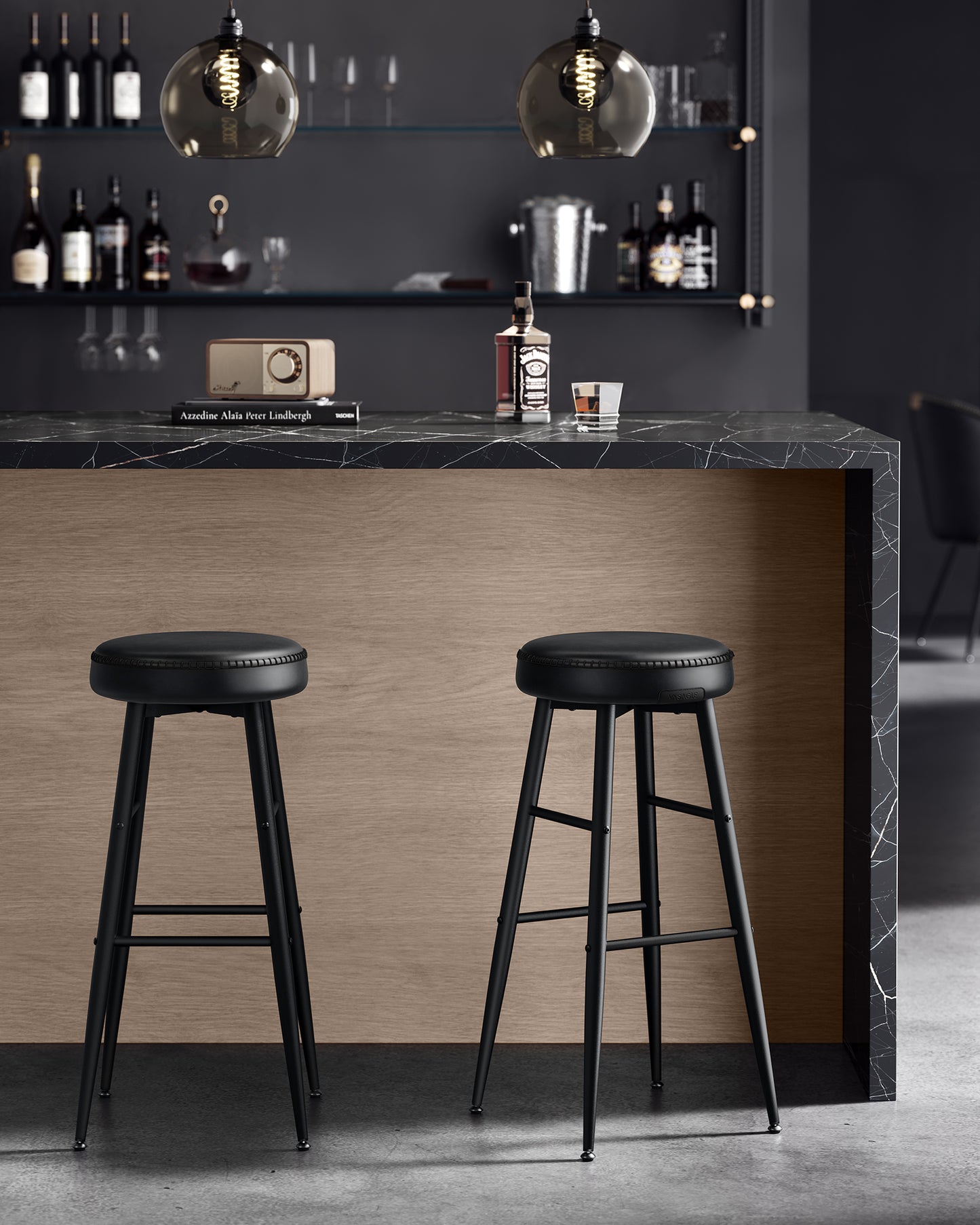 Bar Stools Set of 2, Bar Height Bar Stools, Kitchen Counter Stools, Mid-Century Modern Backless Counter Stools, 30-Inch Tall, Kitchen Island Home Bar, Ink Black