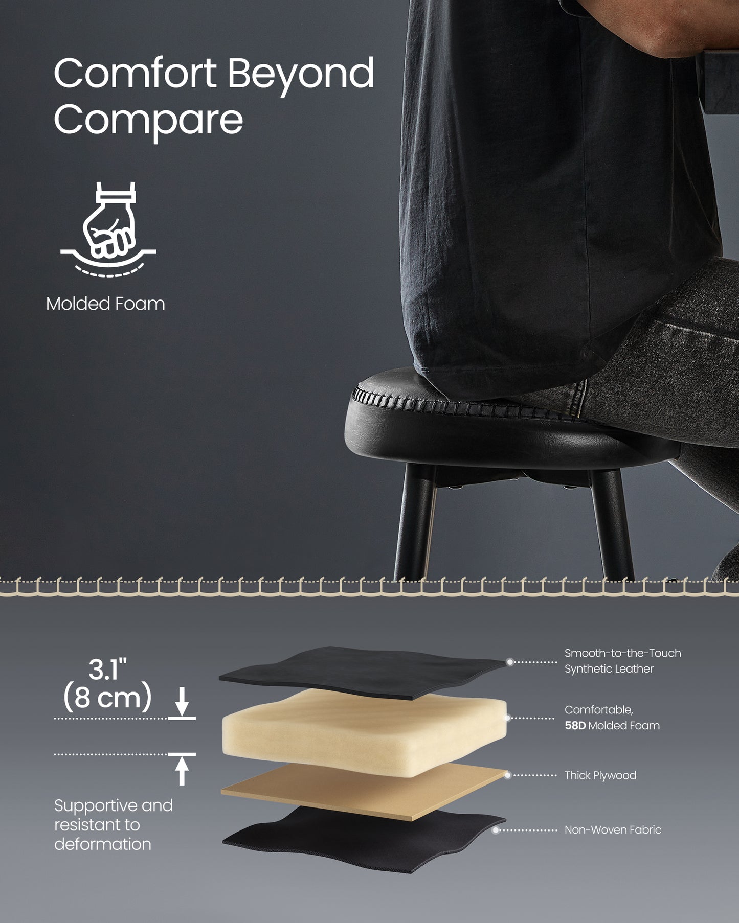 Bar Stools Set of 2, Bar Height Bar Stools, Kitchen Counter Stools, Mid-Century Modern Backless Counter Stools, 30-Inch Tall, Kitchen Island Home Bar, Ink Black