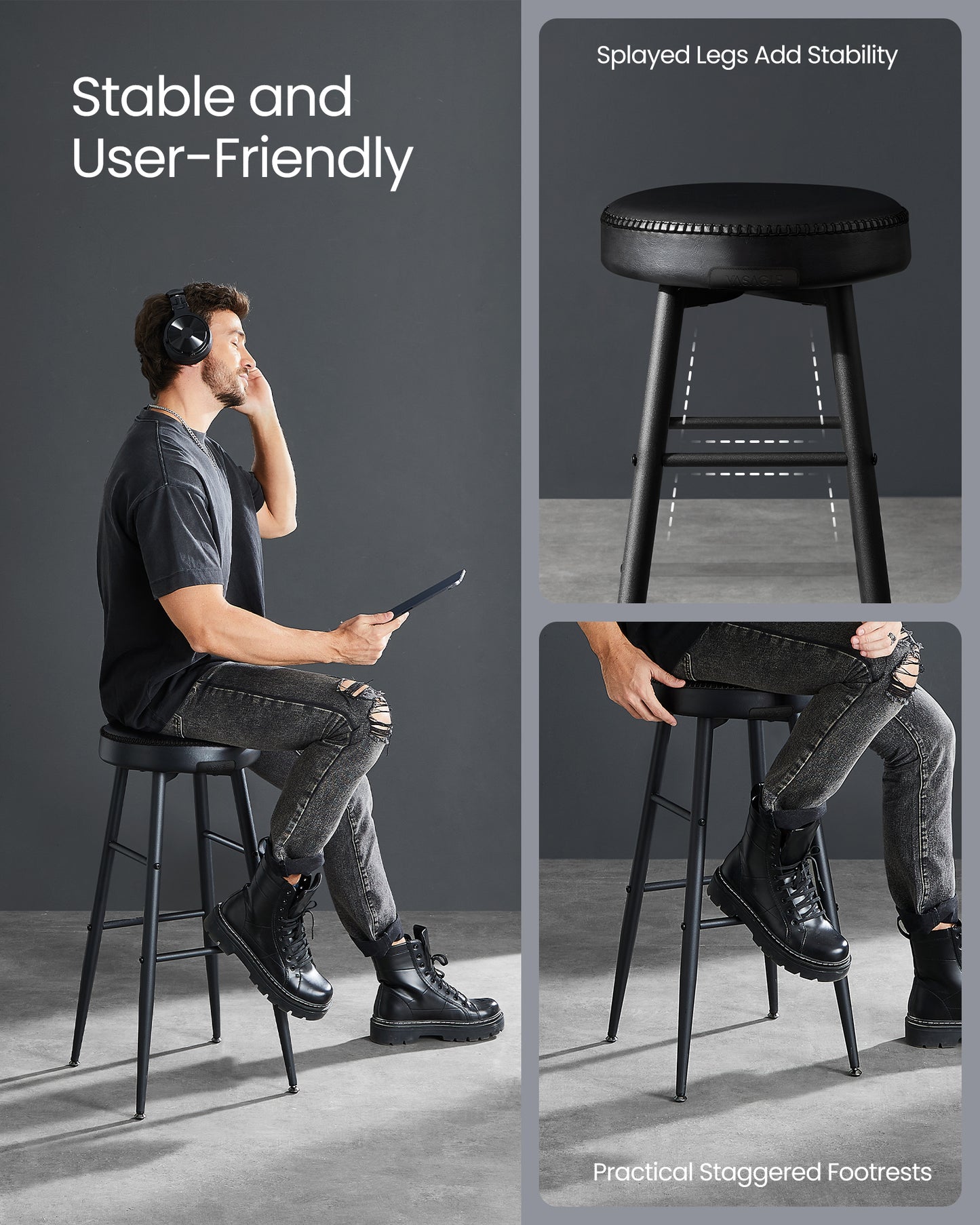 Bar Stools Set of 2, Bar Height Bar Stools, Kitchen Counter Stools, Mid-Century Modern Backless Counter Stools, 30-Inch Tall, Kitchen Island Home Bar, Ink Black