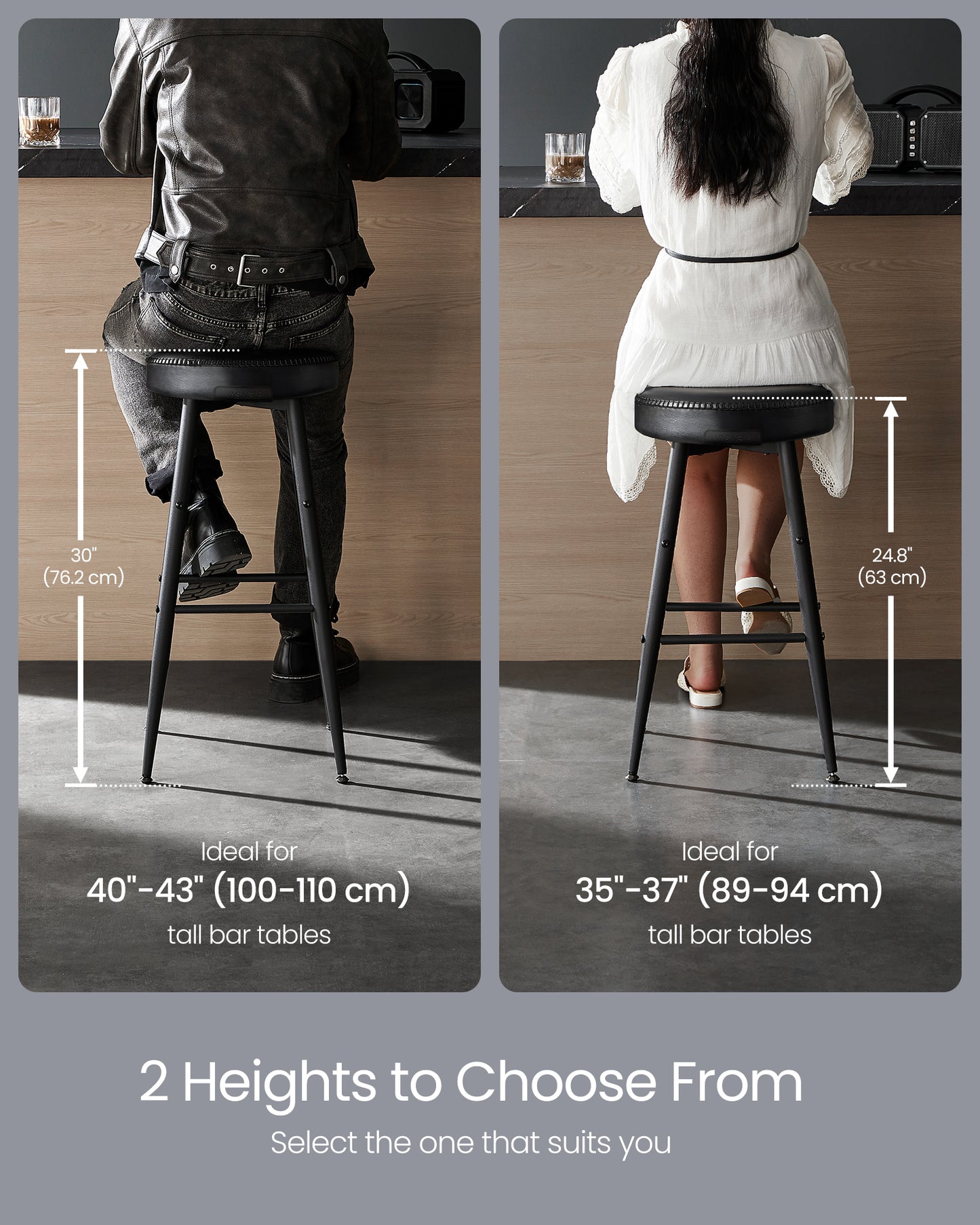 Bar Stools Set of 2, Bar Height Bar Stools, Kitchen Counter Stools, Mid-Century Modern Backless Counter Stools, 30-Inch Tall, Kitchen Island Home Bar, Ink Black