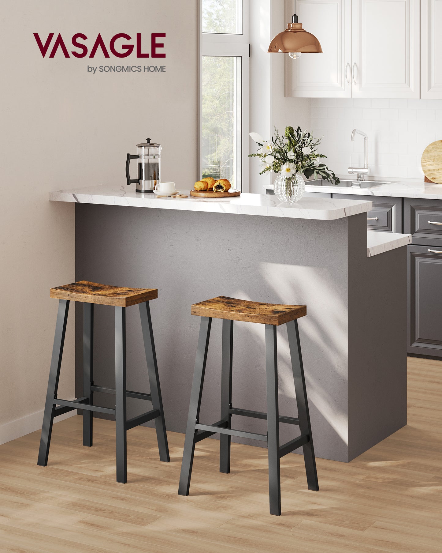 Set of 2 Industrial Bar Stools with Footrest, 29.1 Inch Counter Height Stools, Rustic Brown