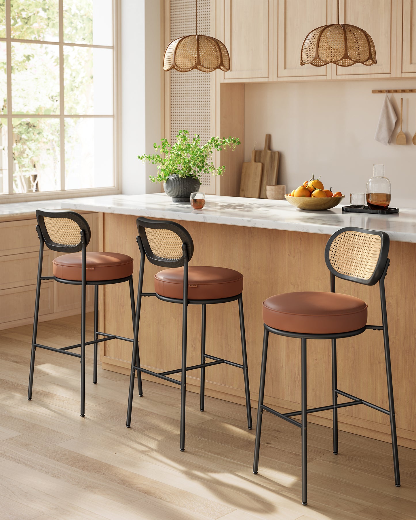 Bar Stools Set of 2, Bar Height Stools with Rattan Back and Metal Legs, 30.1-Inch Tall Counter Chairs, Modern Leather Upholstered Barstools for Kitchen Island Dining Room, Caramel Brown