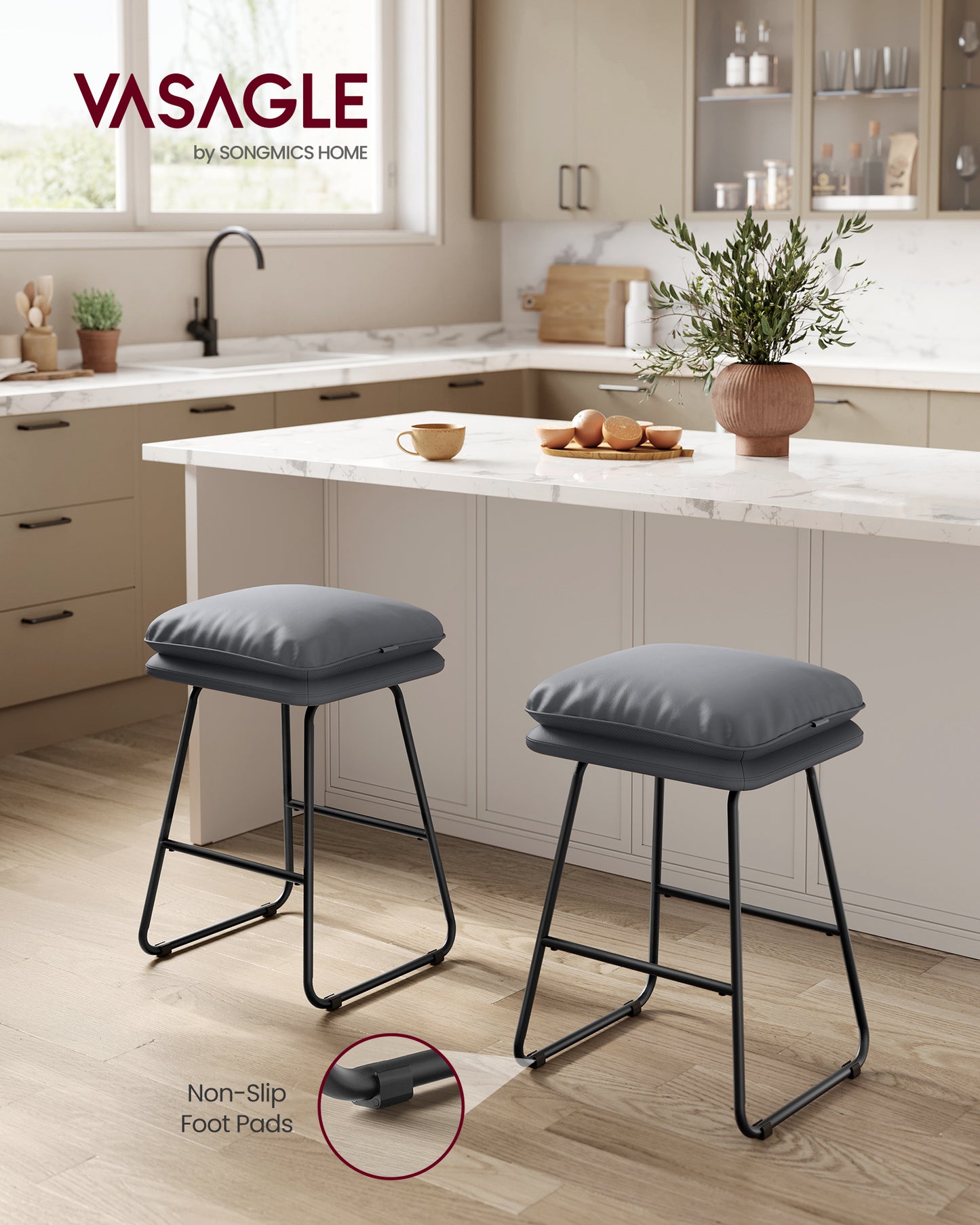Set of 2 Bar Stools with Padded Seat & Sled Base, Counter Height Stools in Synthetic Leather, Steel Frame, Slate Gray, 25.6" Height