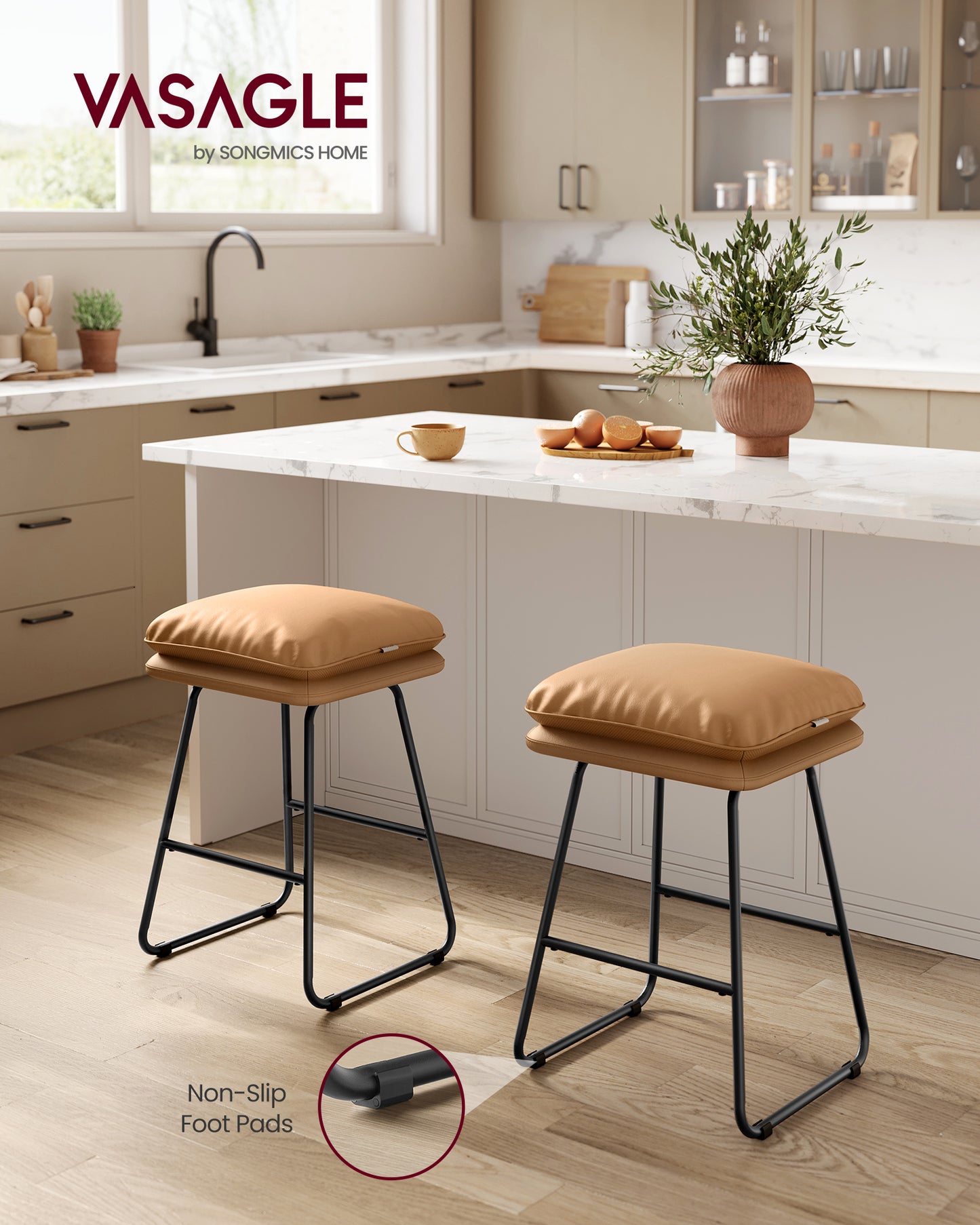 Set of 2 Modern Counter Height Bar Stools, Faux Leather Upholstery with Soft Cushion & Metal Sled Base, 25.6", Caramel Brown