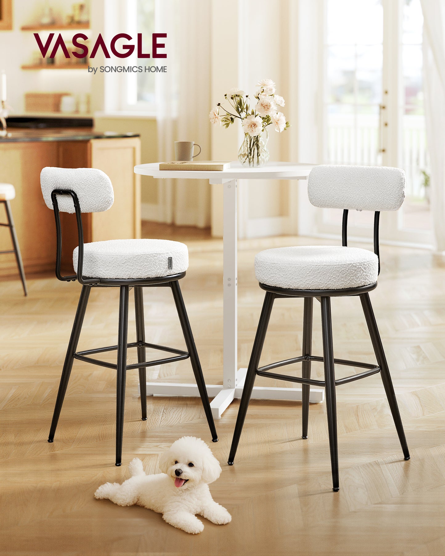 360° Swivel Bar Stools Set of 2 - Modern Counter Height Stools with Boucle Fabric & Adjustable Feet, Cloud White