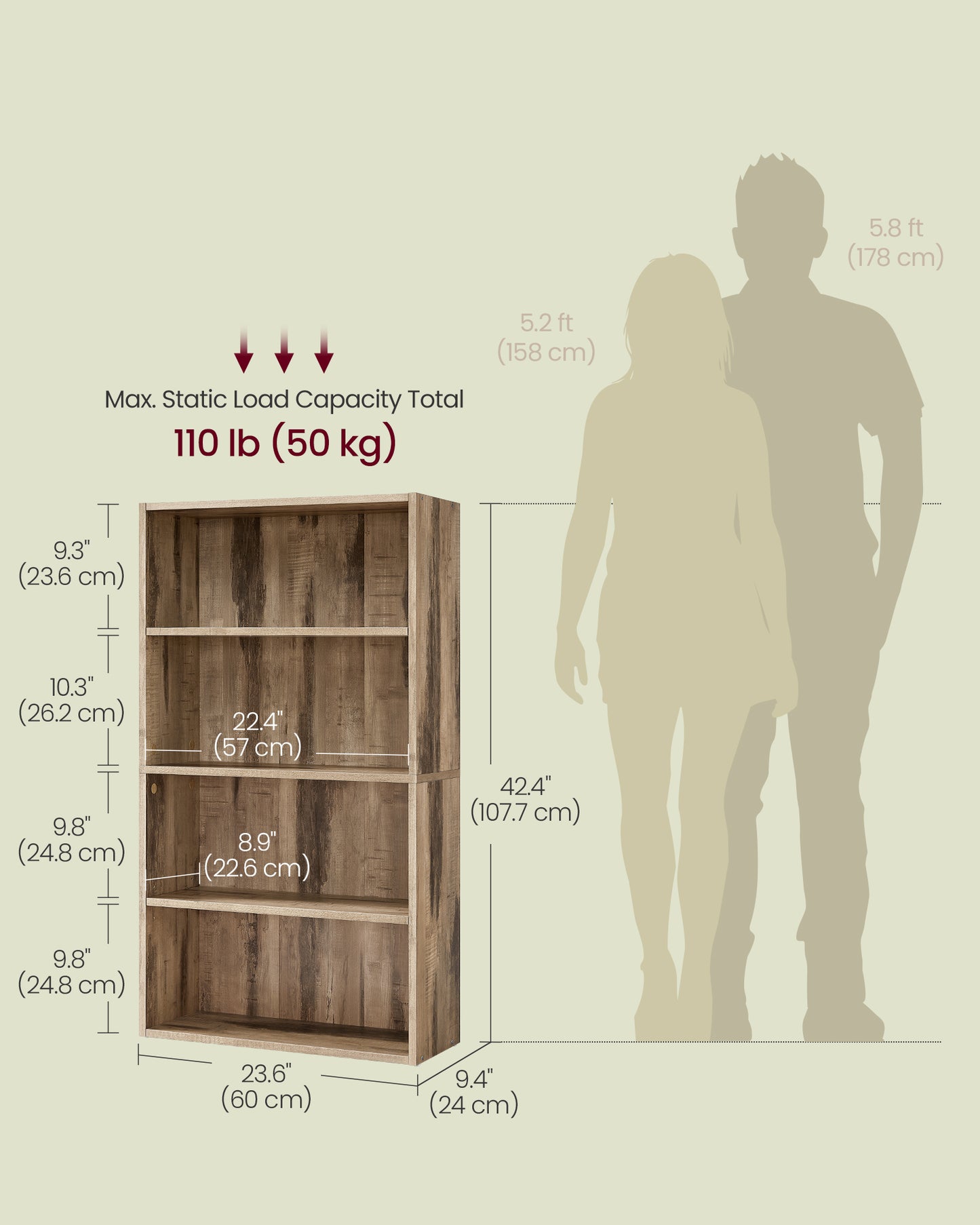 23.6 Inches Wide 4-Tier Open Bookcase with Adjustable Shelves, Floor Standing Storage Unit