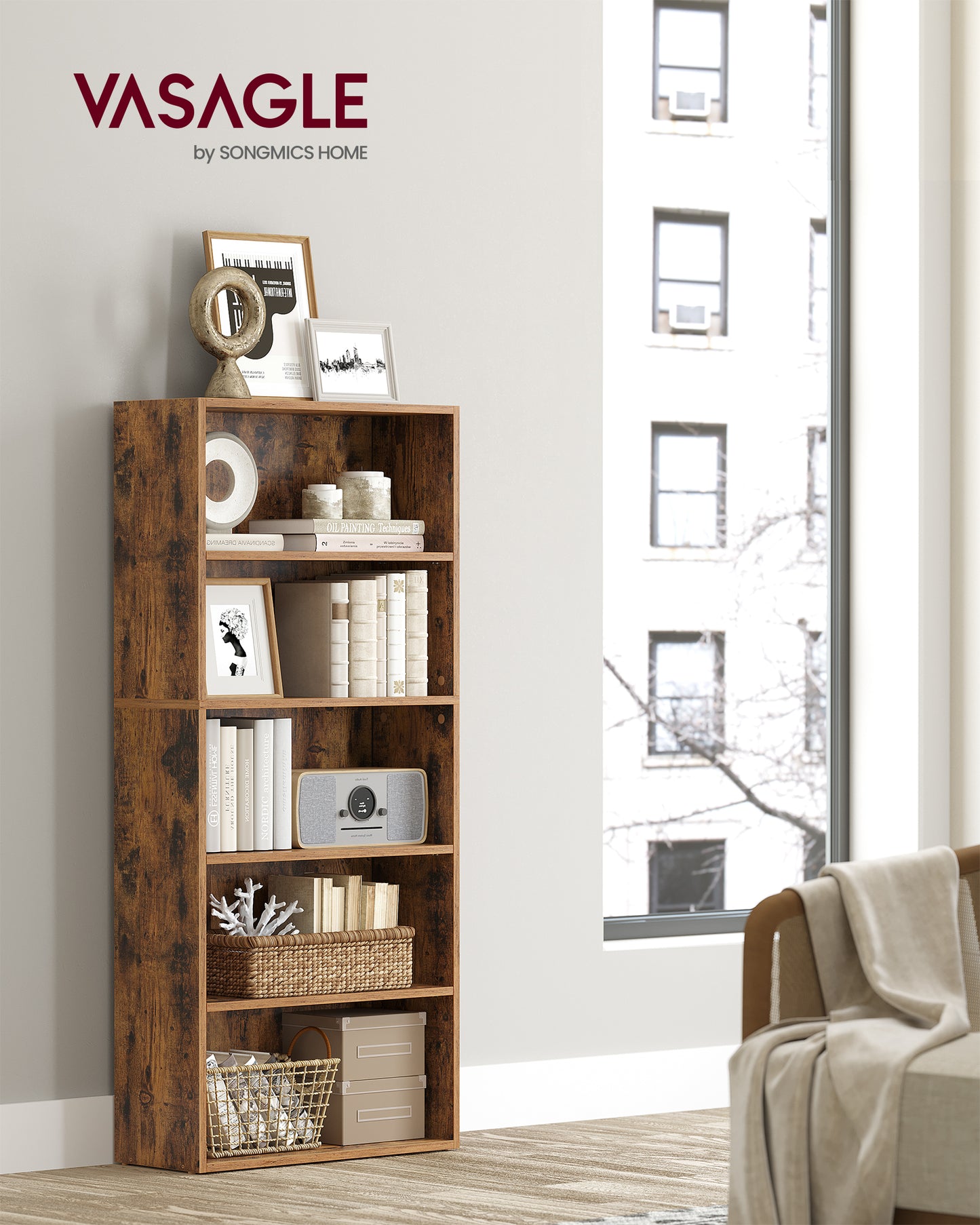 VASAGLE Bookshelf, 5-Tier Open Bookcase with Adjustable Storage Shelves, Floor Standing Unit, Rustic Brown