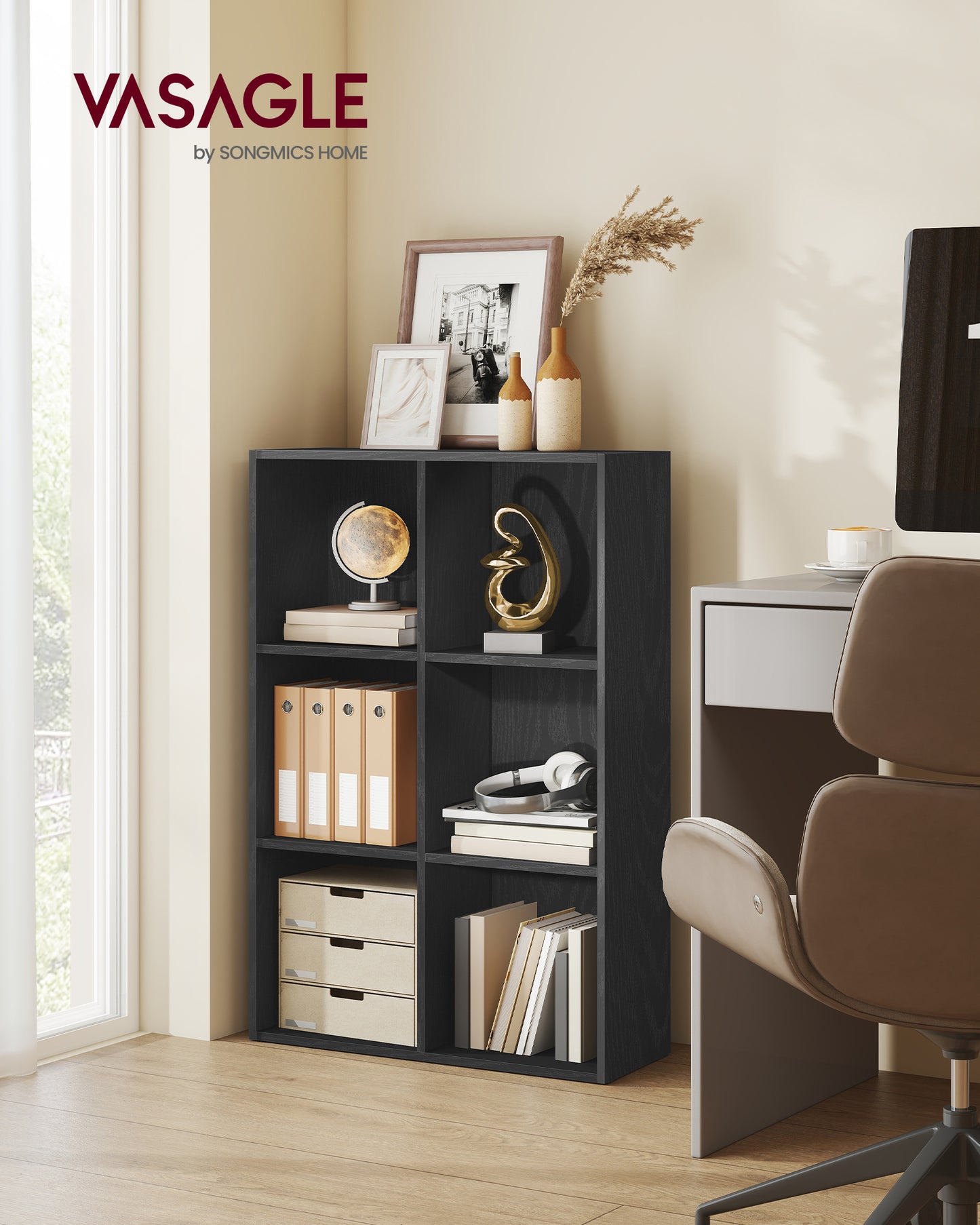 6-Cube Storage Shelf, Modern Bookcase with Open Compartments, 38.6" Tall, Multi-Functional for Living Room, Office, Ebony Black