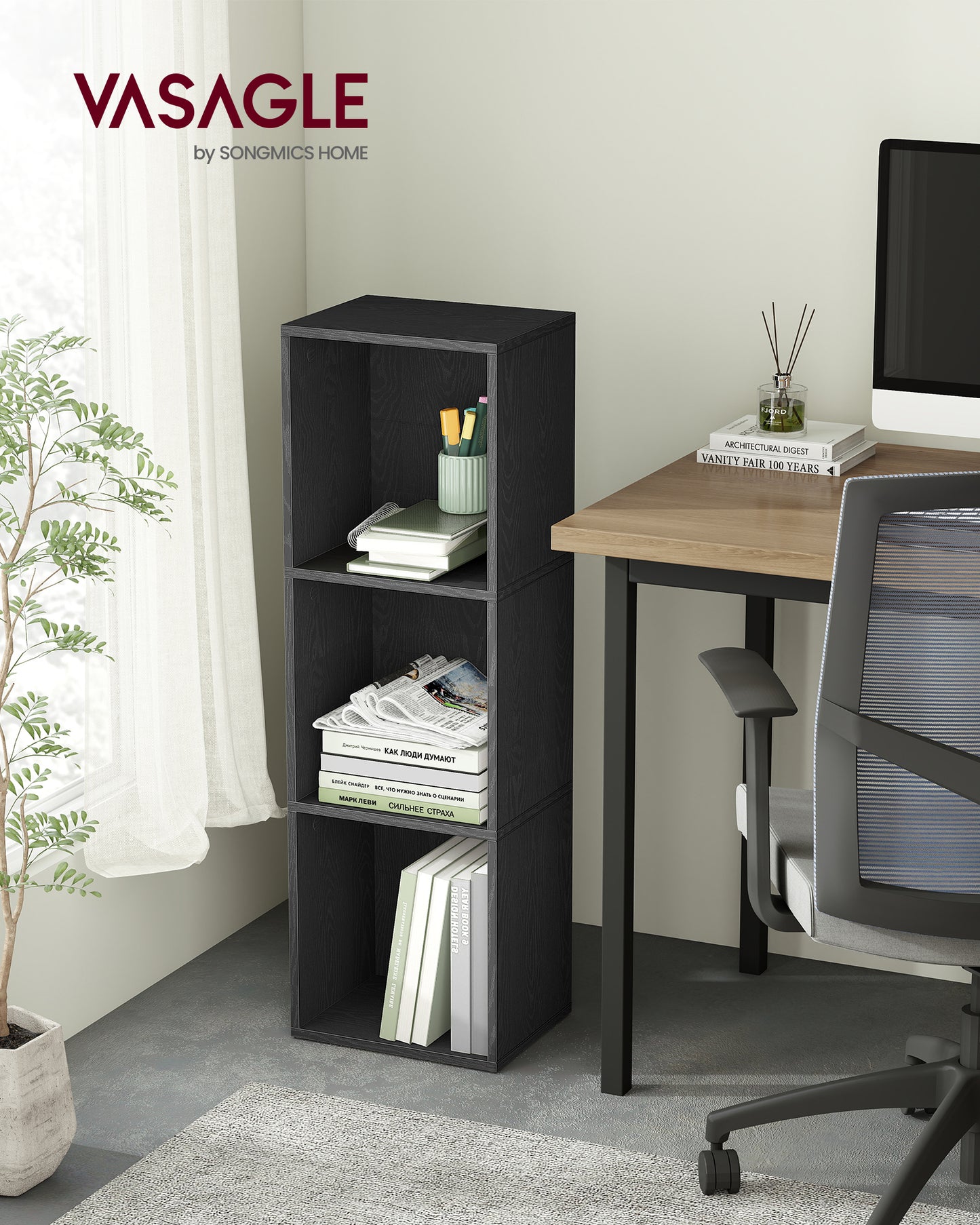 3-Tier Cube Bookcase, Open Shelf Organizer for Living Room/Office, Space-Saving Corner Design, Easy Assembly, Black