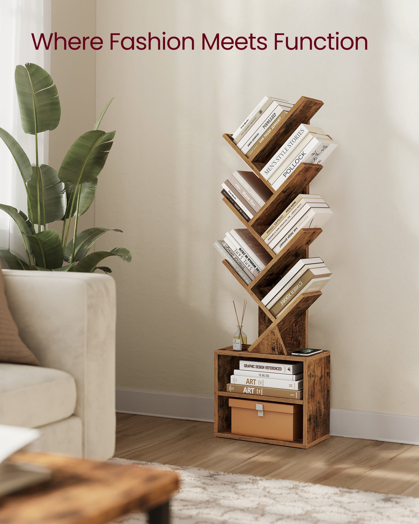 VASAGLE CUSTOS Collection - Tree Bookshelf, Modern Bookcase, Floor Standing Book Shelf, 2 Open Compartments, 8 x 15 x 48.5 Inches, Rustic Brow