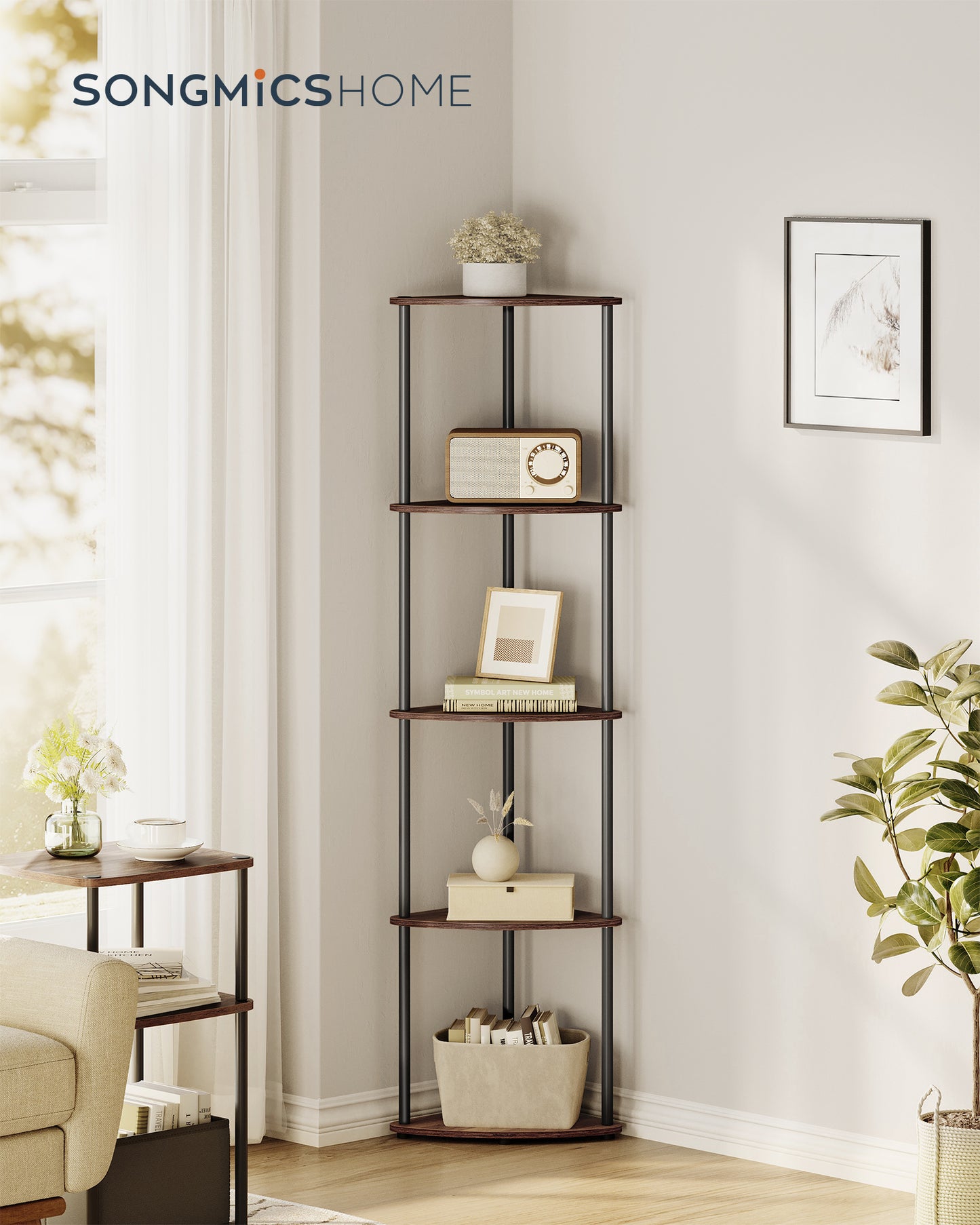 5-Tier Corner Shelf Stand - No Tools Assembly, Space-Saving Storage Unit, 15x10.6x54.7 Inches for Home Organization, Somber Walnut