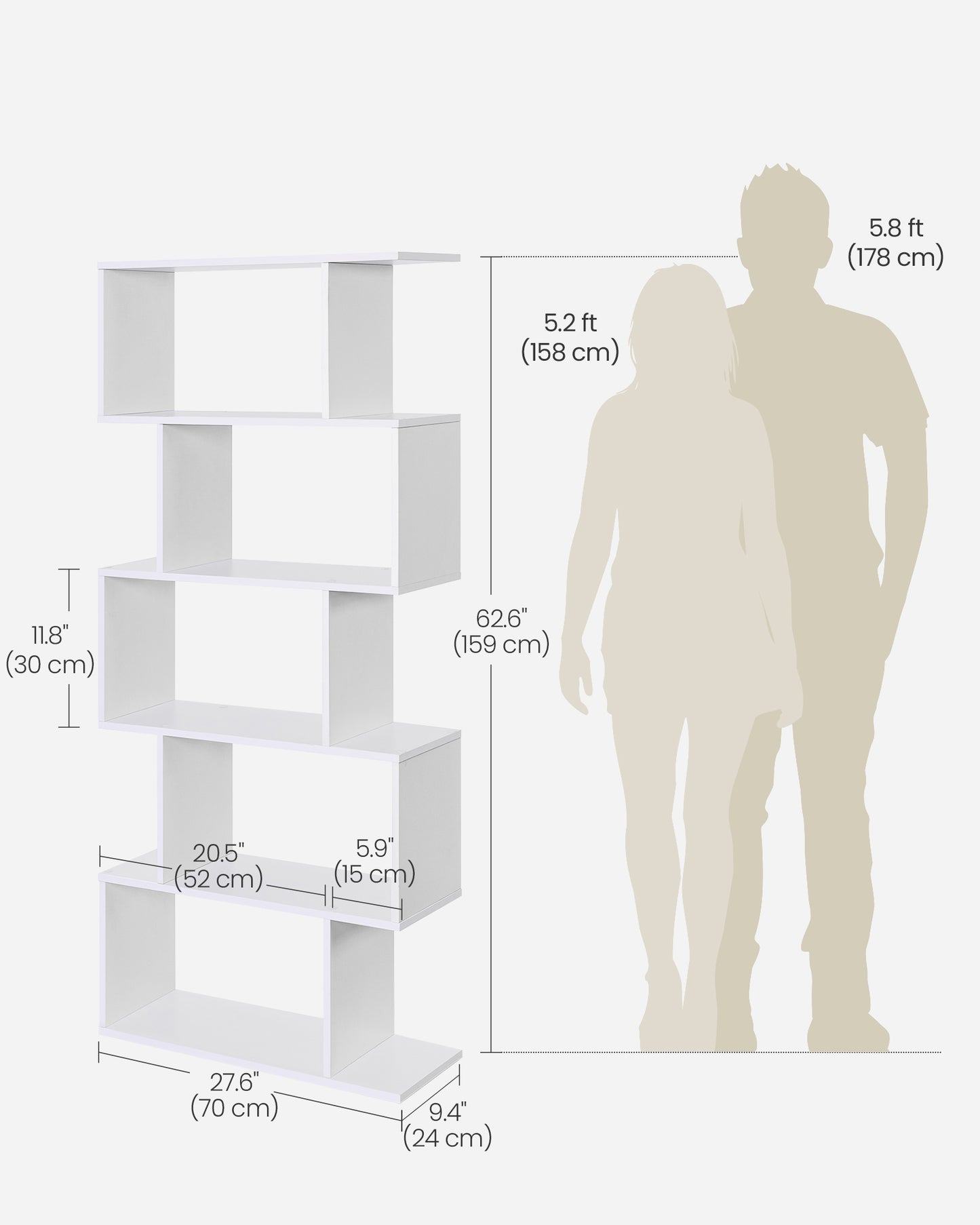 VASAGLE Bookshelf, 5-Tier Bookcase, Tall Display Shelf, Freestanding Storage Shelf, Room Divider White
