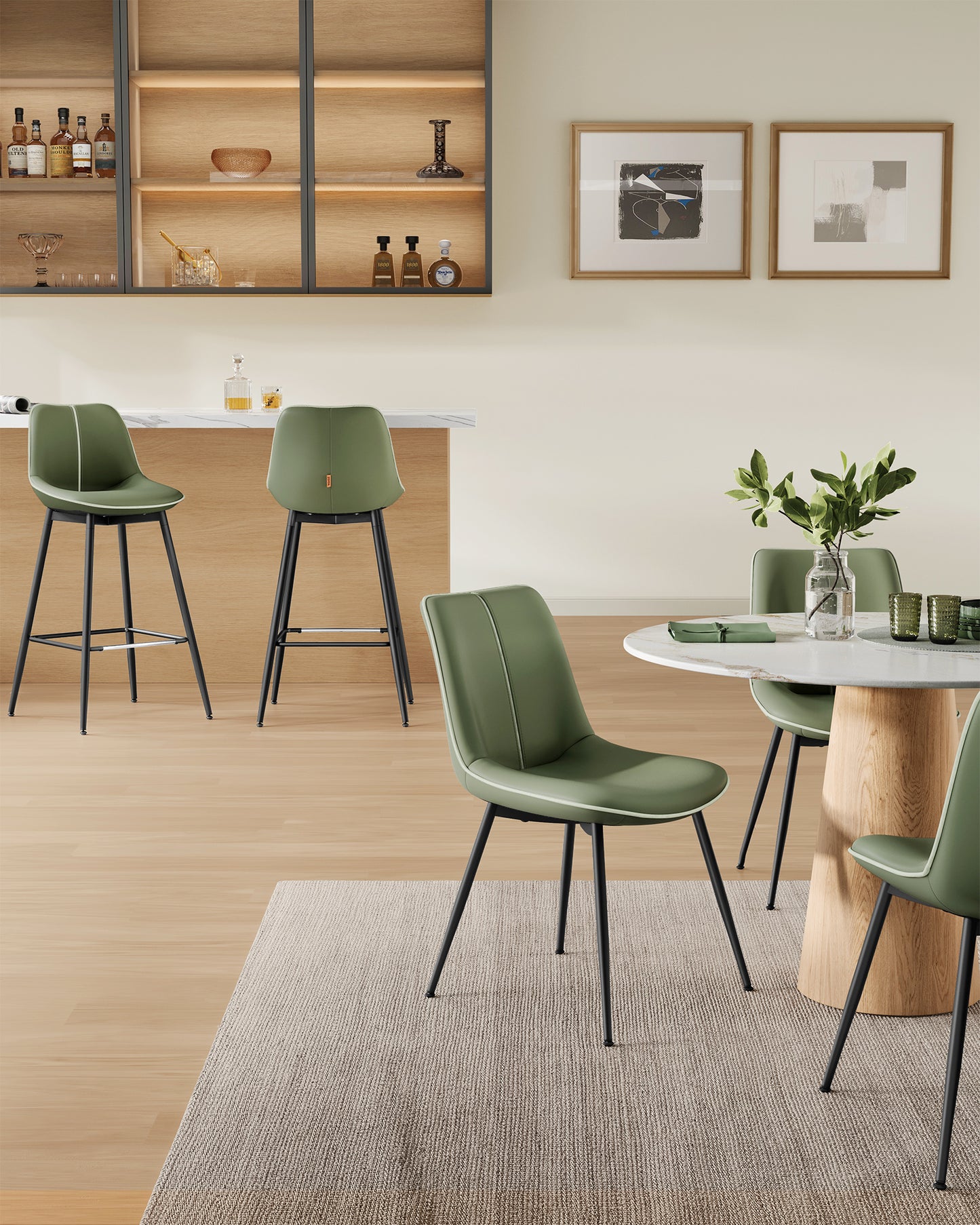 Bar Stools Set of 2, Bar Height Bar Stools with Back, Ergonomic Backrest, Synthetic Leather, Metal Legs, 28.7-Inch Tall Barstools for Kitchen Island Home Bar, Easy Assembly, Forest Green