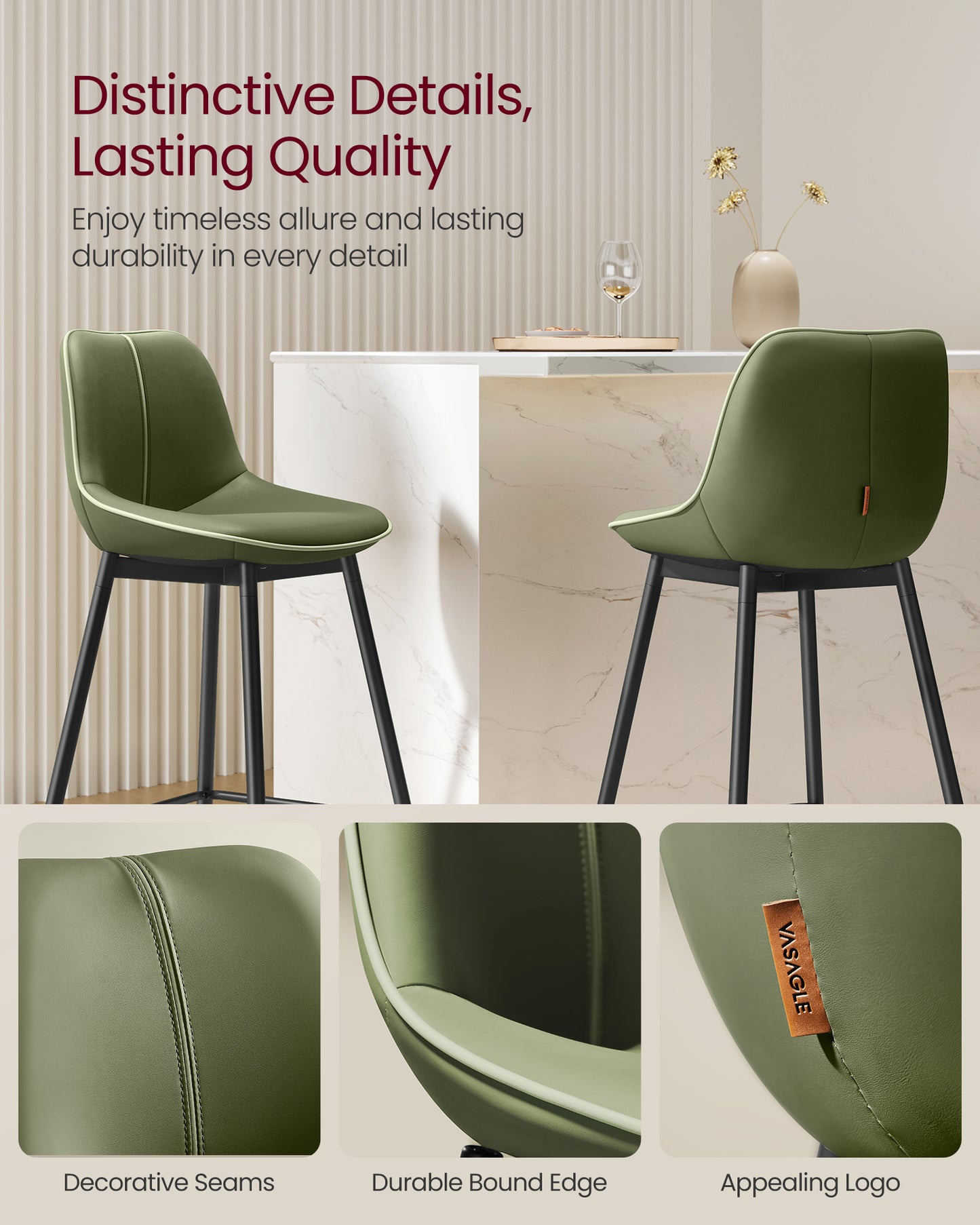 Bar Stools Set of 2, Bar Height Bar Stools with Back, Ergonomic Backrest, Synthetic Leather, Metal Legs, 28.7-Inch Tall Barstools for Kitchen Island Home Bar, Easy Assembly, Forest Green