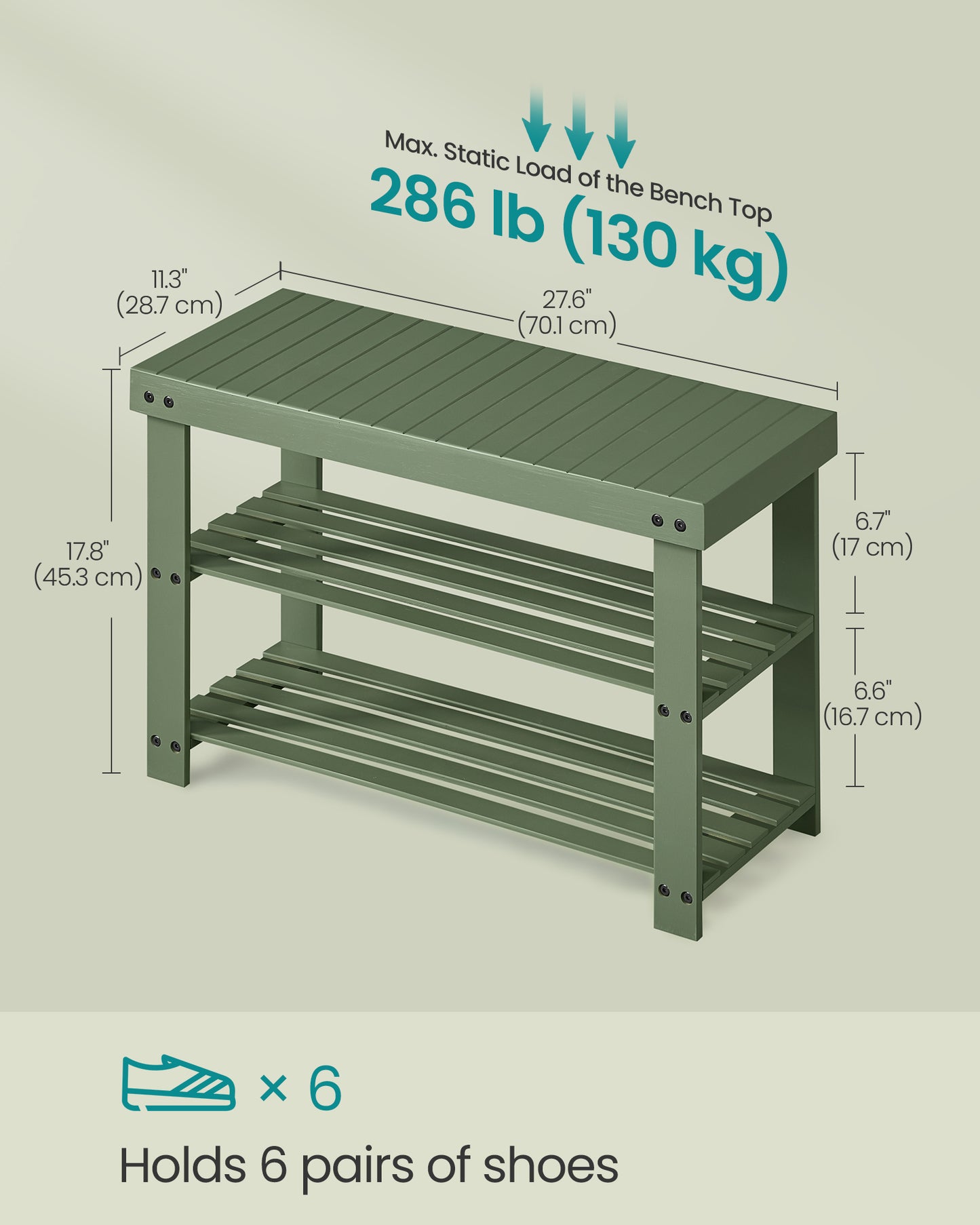 Forest Green 3 - Tier Bamboo Shoe Rack Bench - Entryway Bench with Storage. Holds Up to 286 lb, 11.3 x 27.6 x 17.8 Inches