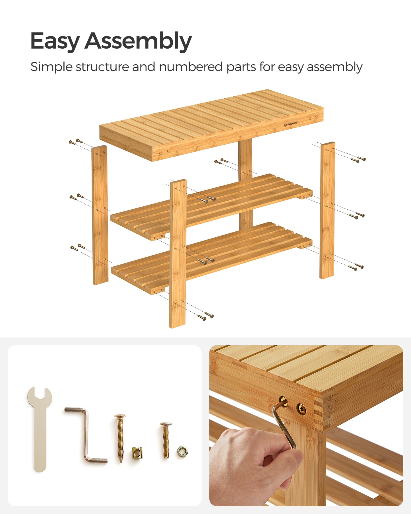 Shoe Rack Bench, 3-Tier Bamboo Shoe Storage Organizer, Entryway Bench, Holds Up to 286 lb, 11.3 x 27.6 x 17.8 Inches, for Entryway Bathroom Bedroom