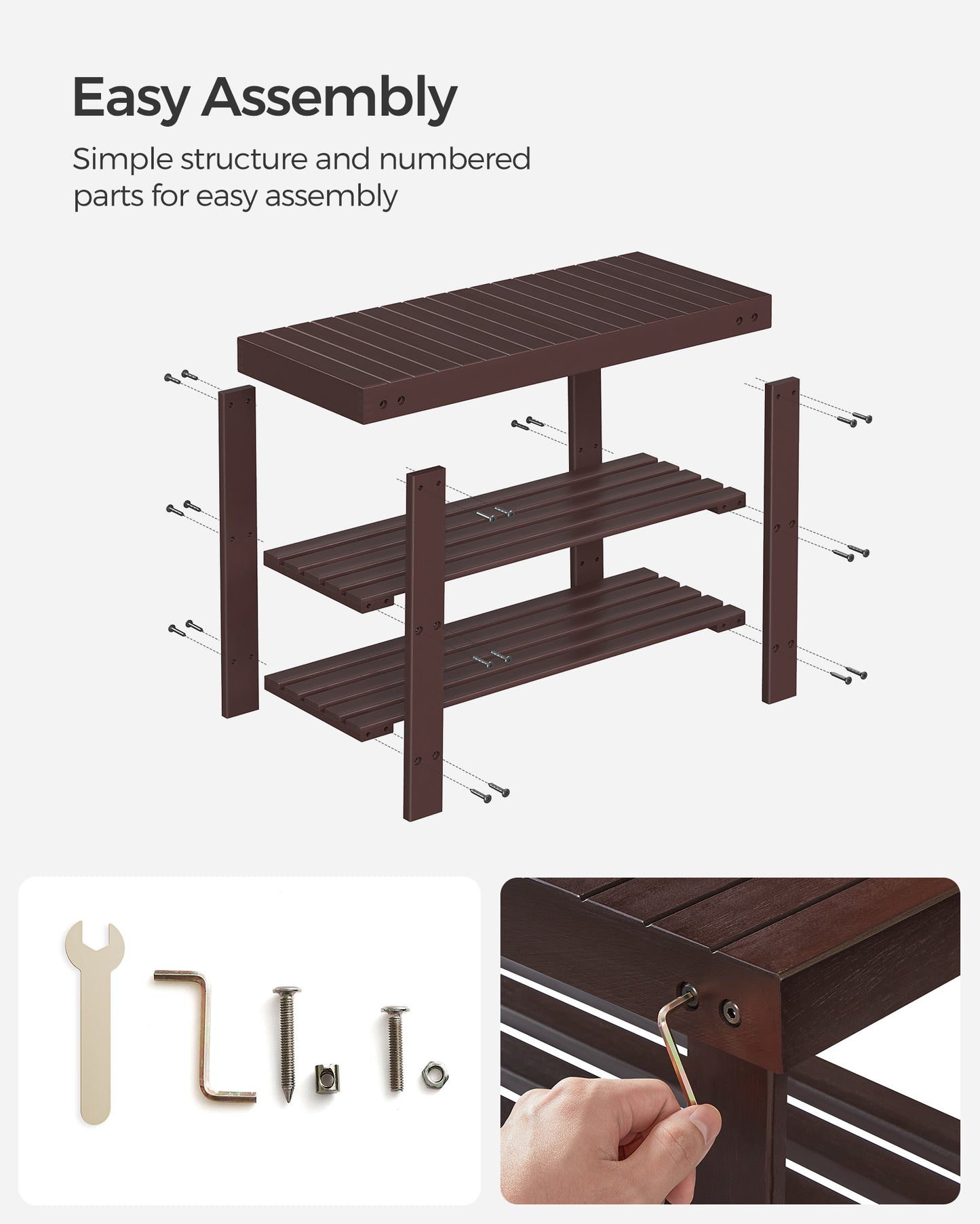 Shoe Rack Bench, 3-Tier Bamboo Shoe Storage Organizer, Entryway Bench, Holds Up to 286 lb, 11.3 x 27.6 x 17.8 Inches, for Entryway Bathroom Bedroom
