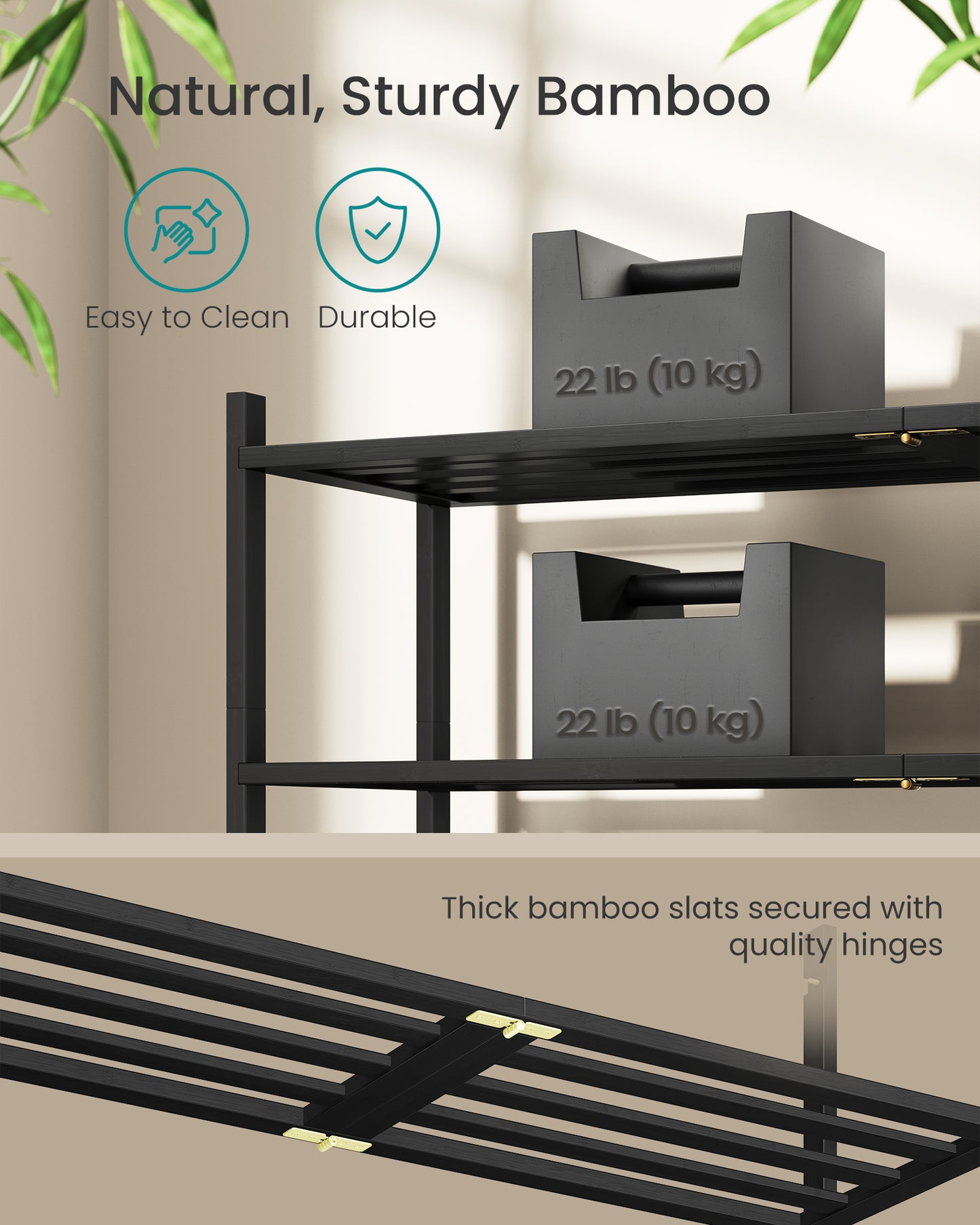 SONGMICS Bamboo Shoe Rack for Closet, Stackable Shoe Oragnizer, Space-Saving Freestanding Shelf, 3-Tier, Holds 12-16 Pairs, Ink Black