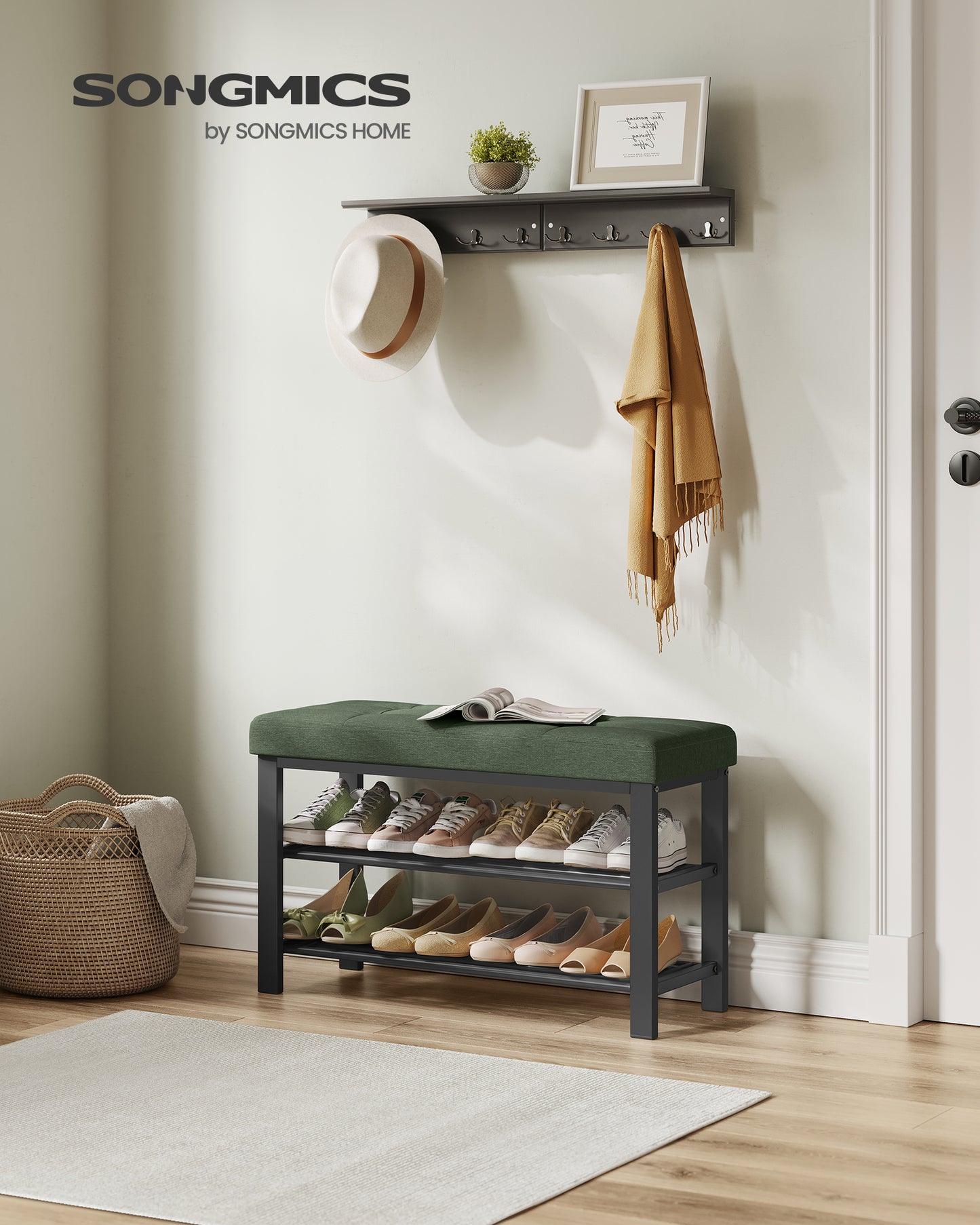 Entryway Shoe Storage Bench with Cushion, 3-Tier Shoe Rack, Foam Padded Seat,Forest Green and Ink Black