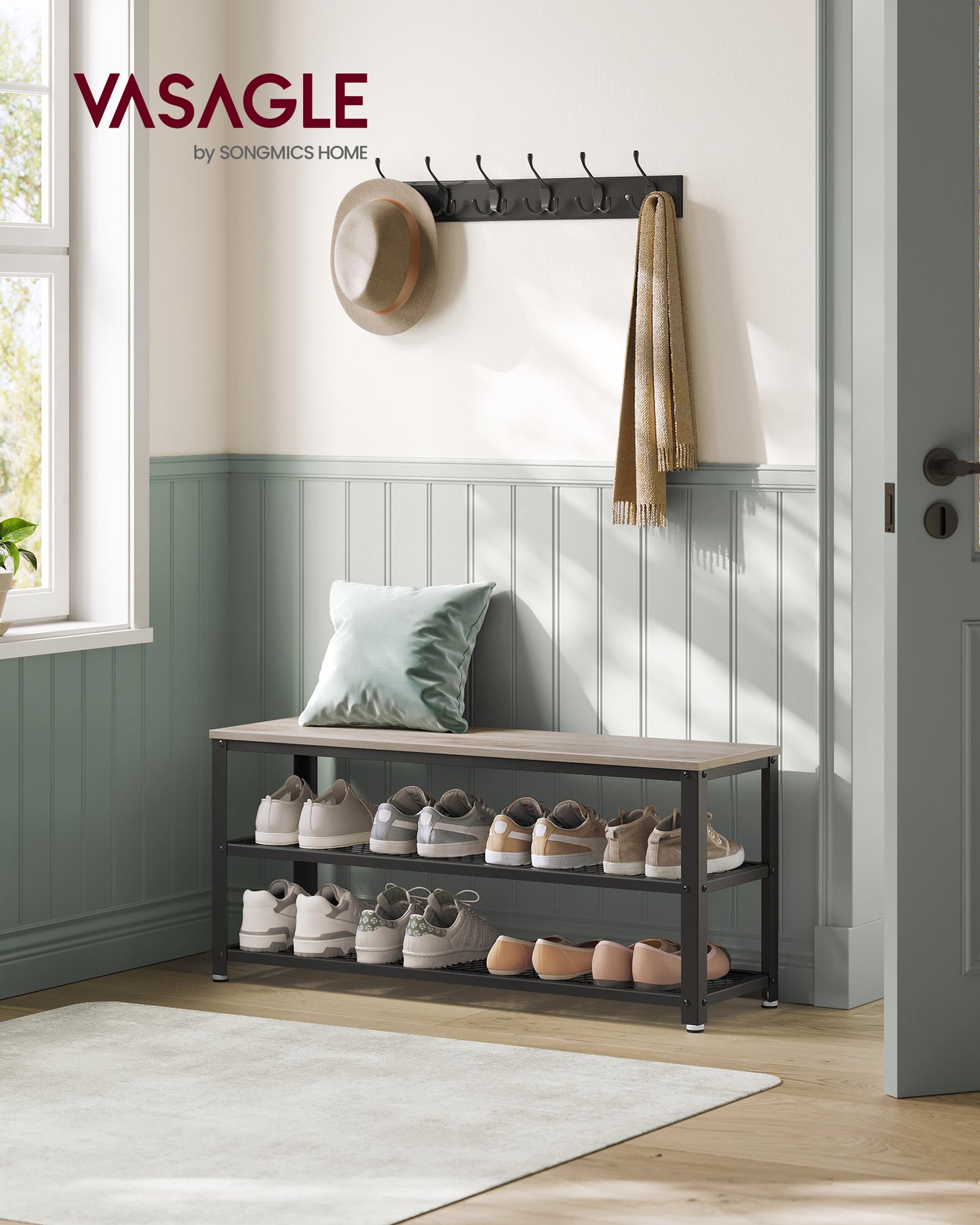 3-Tier Sturdy Shoe Rack Bench with Metal Mesh Shelves, Freestanding Entryway Organizer for Shoes & Storage, 11.8x39.4x17.7 Inches, Greige Black