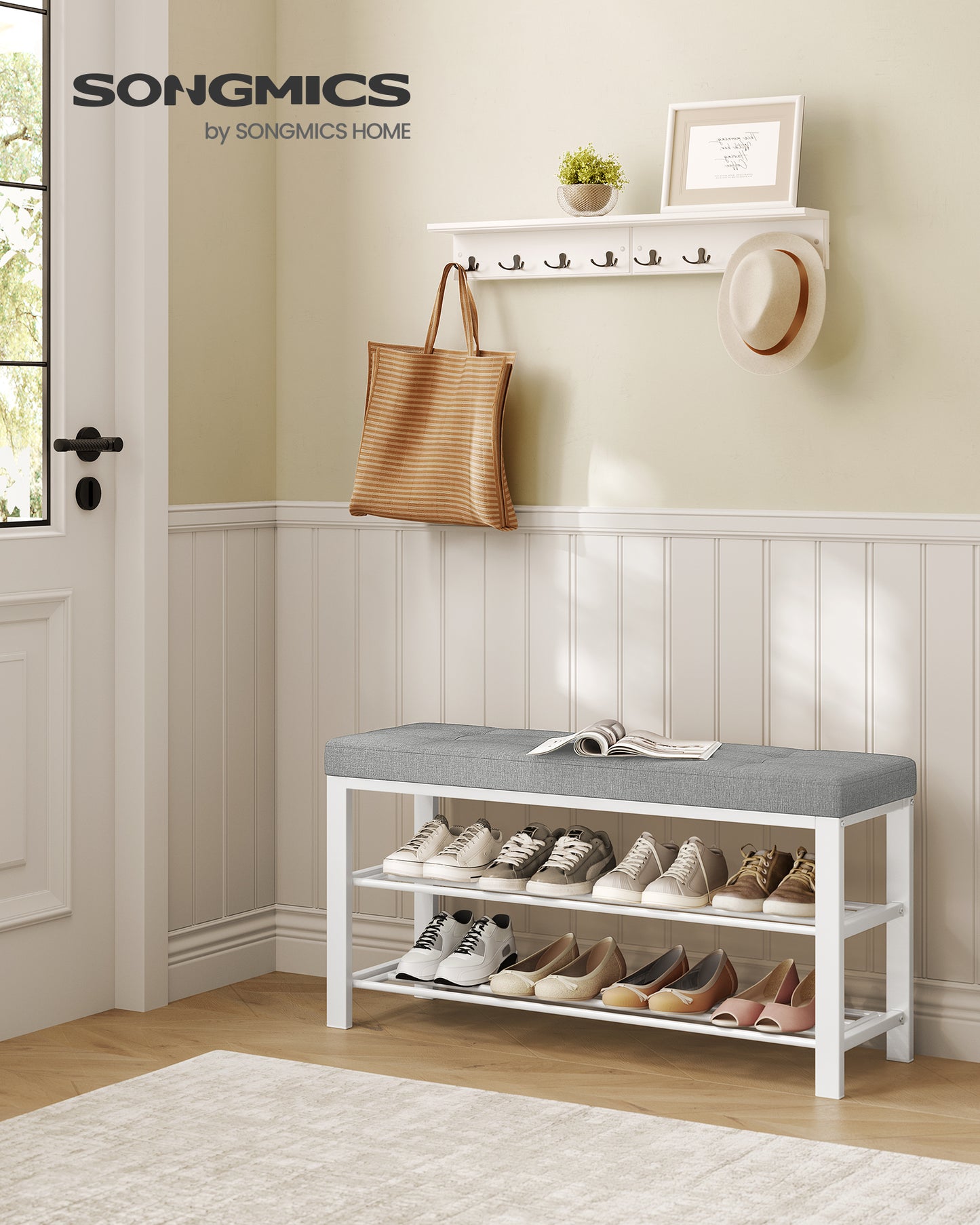 SONGMICS Shoe Bench, 3-Tier Shoe Rack for Entryway, Storage Organizer with Foam Padded Seat, Linen, Metal Frame, for Living Room, Hallway, 12.2 x 39.4 x 19.3 Inches