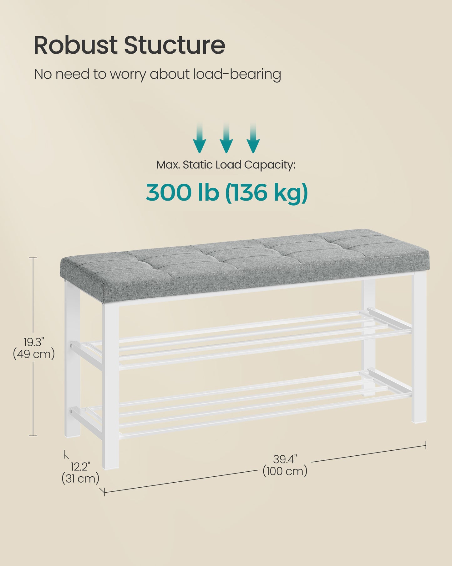 SONGMICS Shoe Bench, 3-Tier Shoe Rack for Entryway, Storage Organizer with Foam Padded Seat, Linen, Metal Frame, for Living Room, Hallway, 12.2 x 39.4 x 19.3 Inches