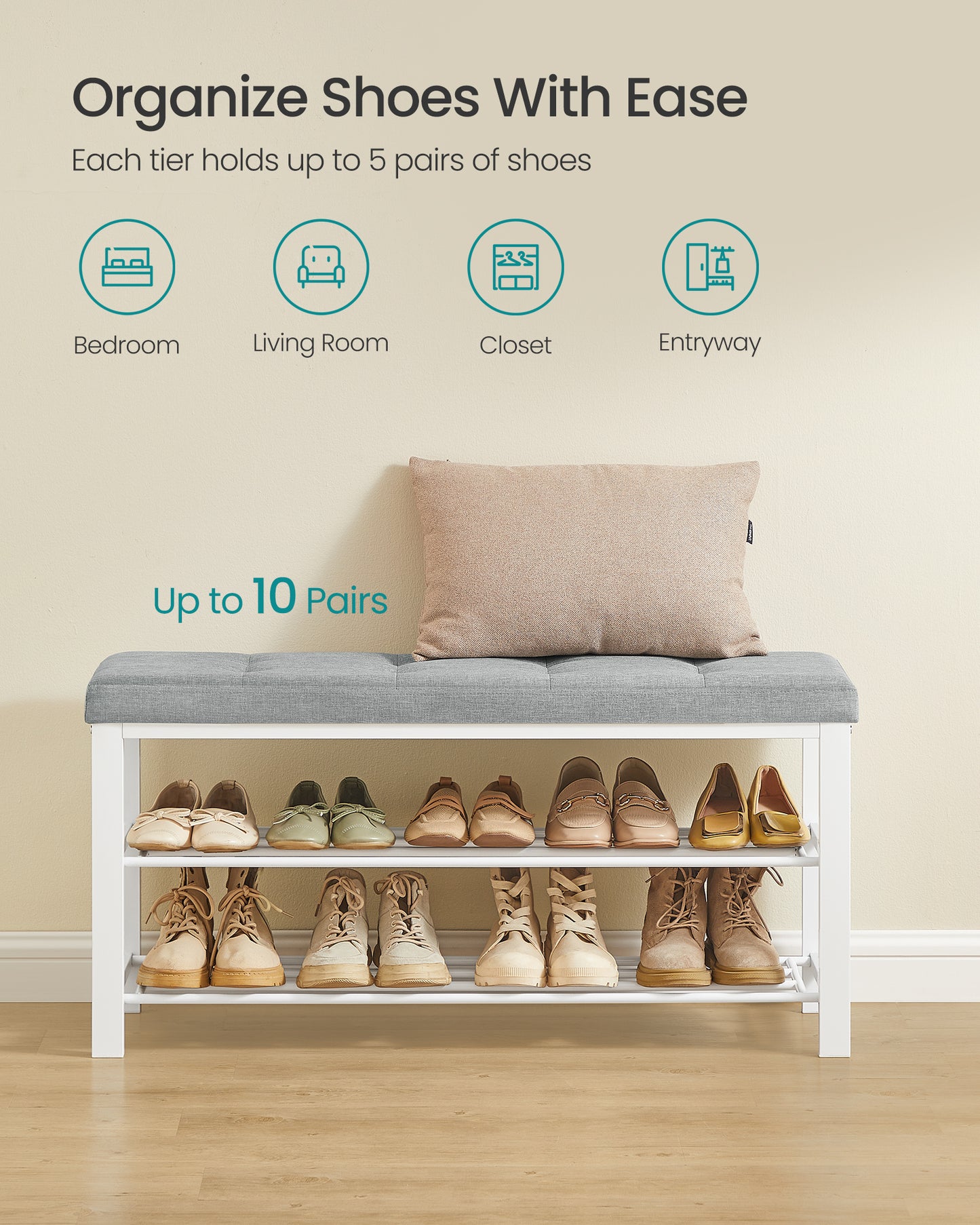 SONGMICS Shoe Bench, 3-Tier Shoe Rack for Entryway, Storage Organizer with Foam Padded Seat, Linen, Metal Frame, for Living Room, Hallway, 12.2 x 39.4 x 19.3 Inches