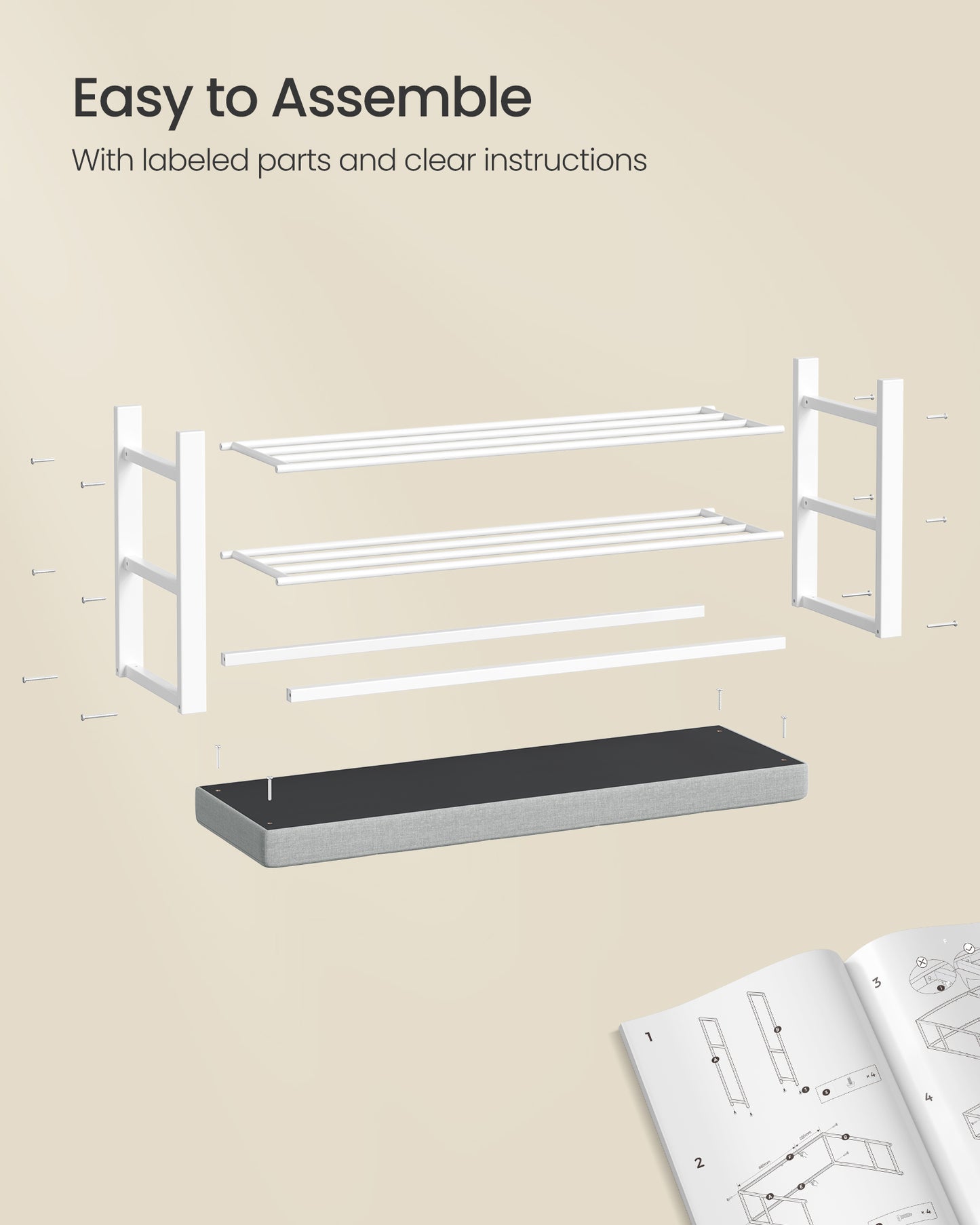 SONGMICS Shoe Bench, 3-Tier Shoe Rack for Entryway, Storage Organizer with Foam Padded Seat, Linen, Metal Frame, for Living Room, Hallway, 12.2 x 39.4 x 19.3 Inches