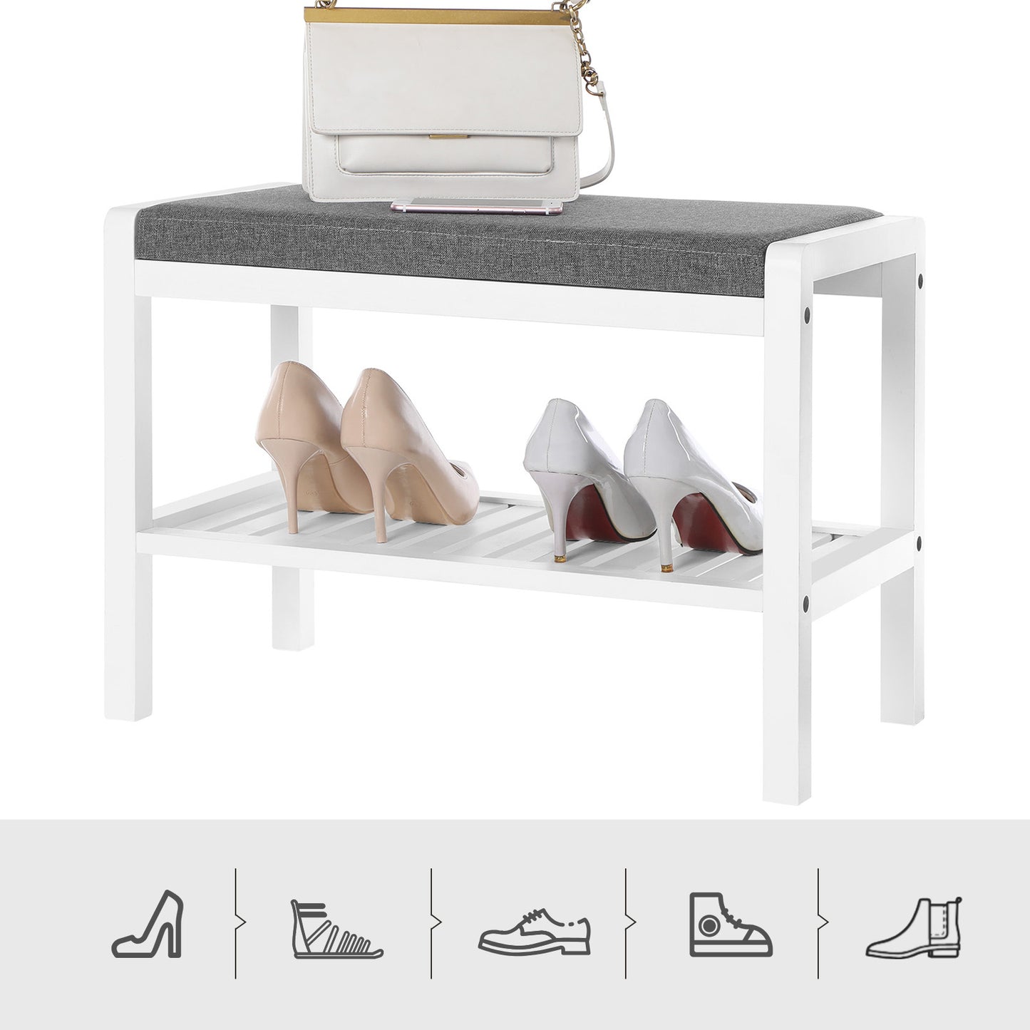 Shoe Rack Bench with Cushion Upholstered Padded Seat, Storage Shelf, Shoe Organizer, Holds Up to 350 lb, Ideal for Entryway Bedroom Living Room Hallway Garage Mud Room Gray and White