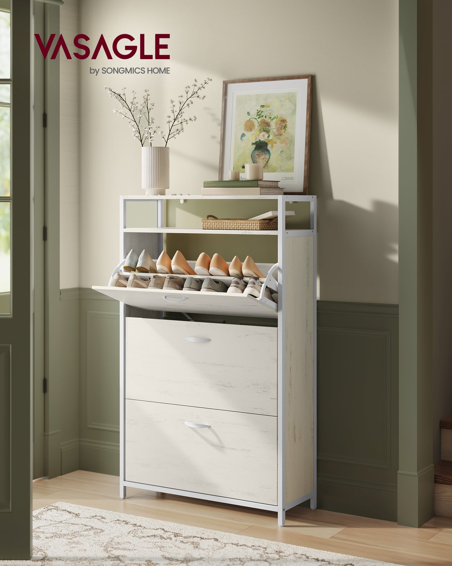 Shoe Cabinet with 3 Flip Drawers, Shoe Storage Cabinet, Asjustable and Removable Dividers, Holds 15-24 Pairs of Shoes, 11.8 x 31.5 x 51.2 Inches