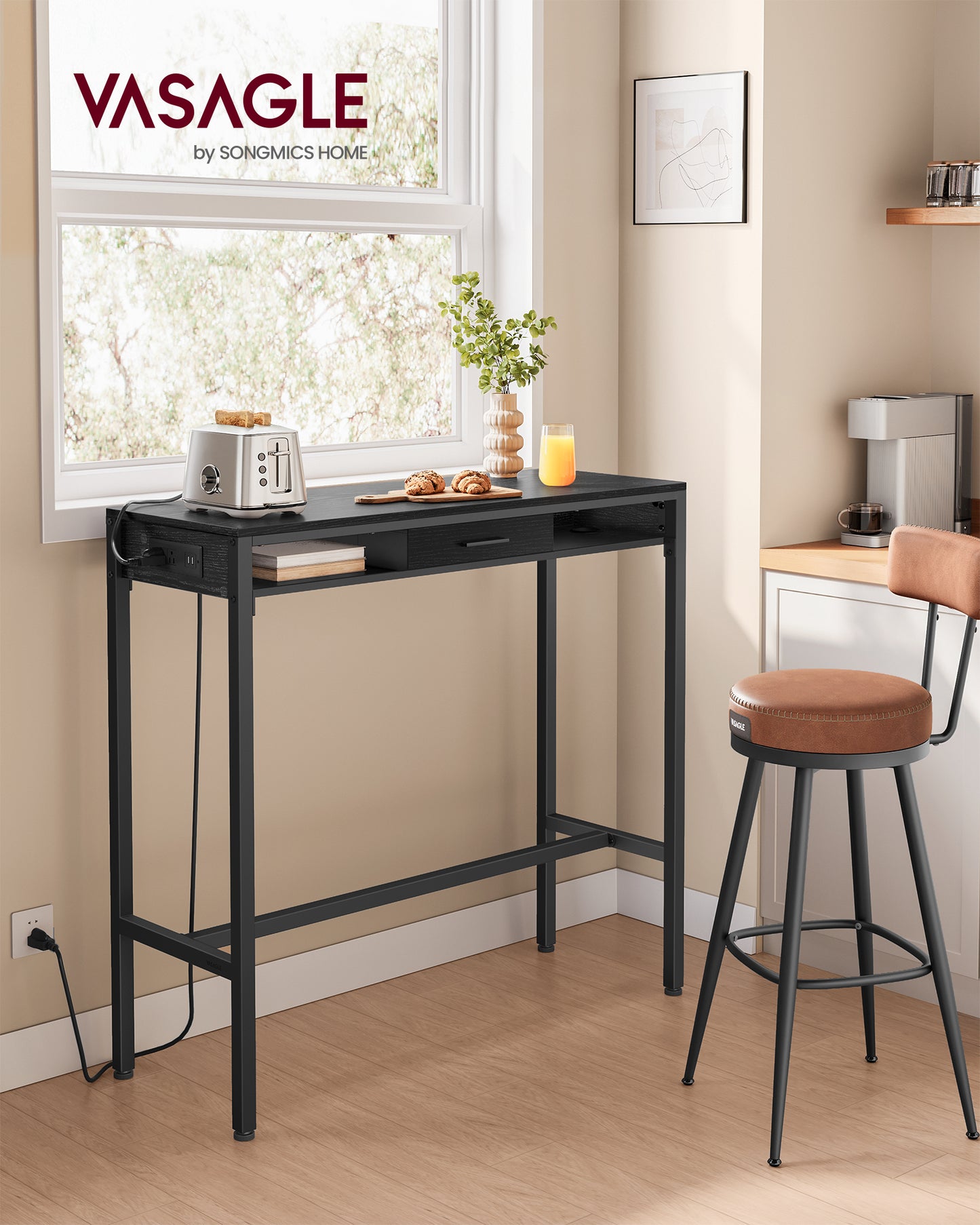 Bar Table, Bar Height Pub Table, Storage Kitchen Dining Table with Power Outlets and Movable Non-Woven Fabric Drawer, Hooks, Long High Top Table, 15.7 x 39.3 x 41.2 Inches, Ebony Black