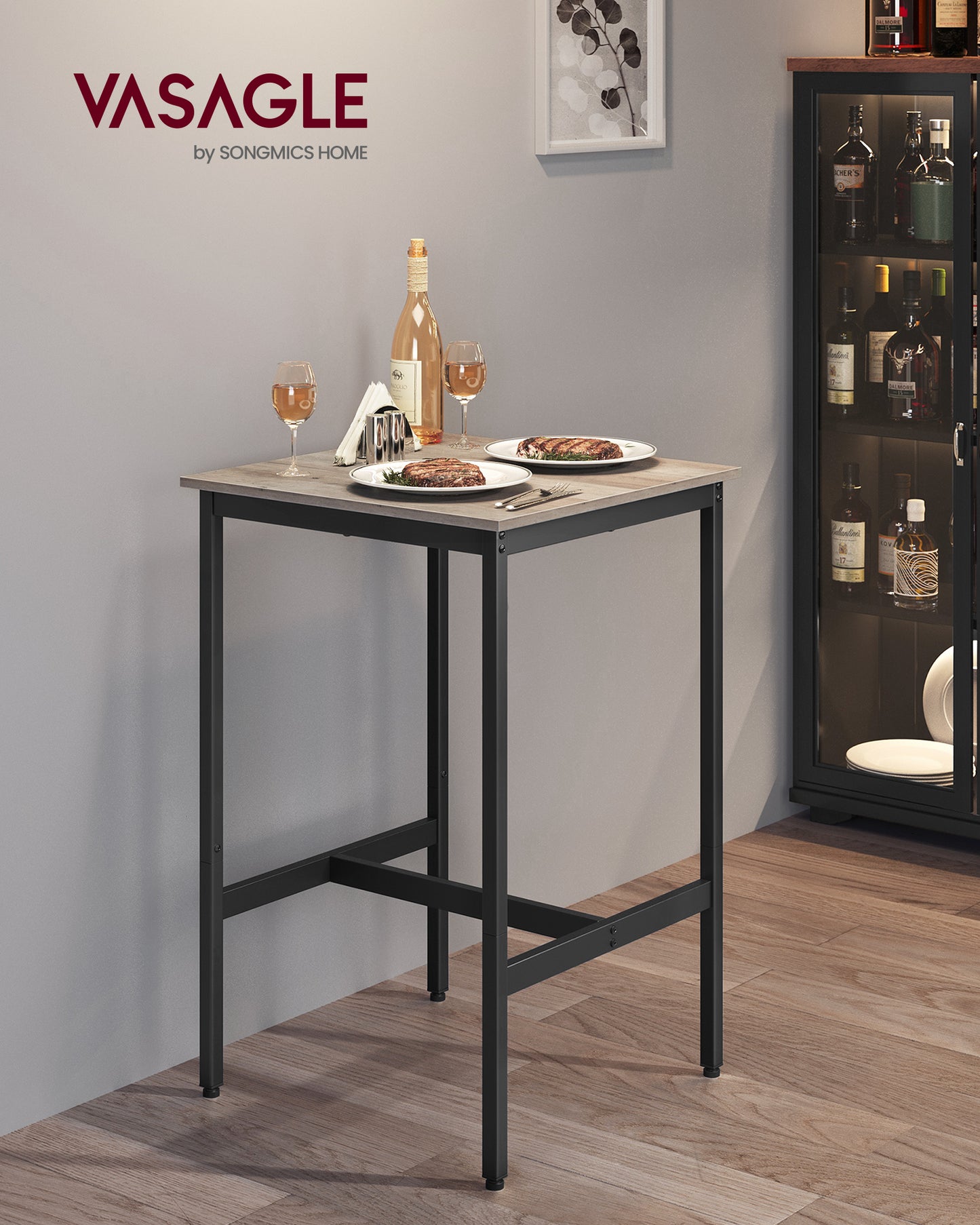 Greige and Black Bar Table - Small Kitchen Dining Table, High Top Pub Table.23.6 x 23.6 x 36.2 - Inch Height Cocktail Table with Sturdy Metal Frame