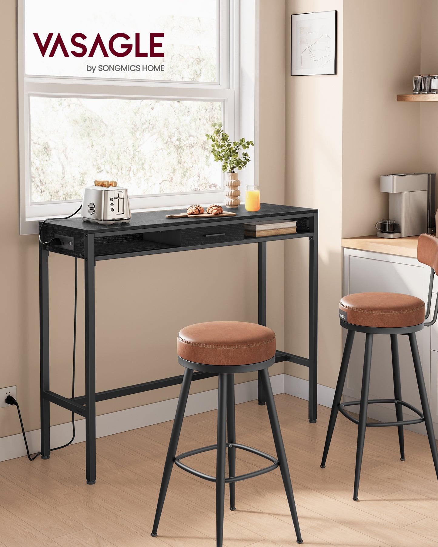 Bar Table, Bar Height Pub Table, Storage Kitchen Dining Table with Power Outlets and Movable Non-Woven Fabric Drawer, Hooks, Long High Top Table, 15.7 x 47.2 x 41.2 Inches, Ebony Black