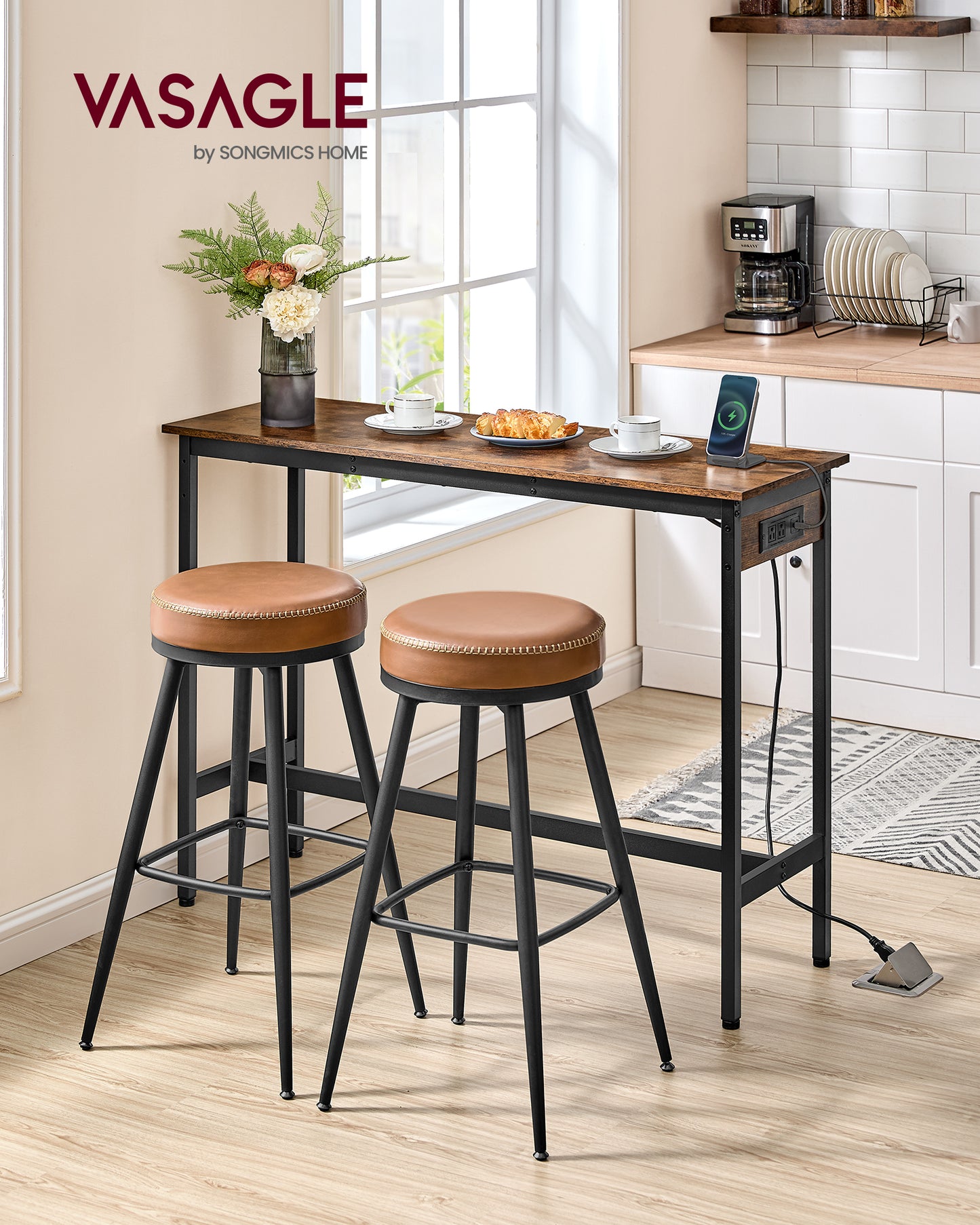 Narrow Industrial Bar Table with Built-in Charging Station, 15.7x47.2 Inch Kitchen Dining Table with USB Ports and Power Strip, Rustic Brown and Black