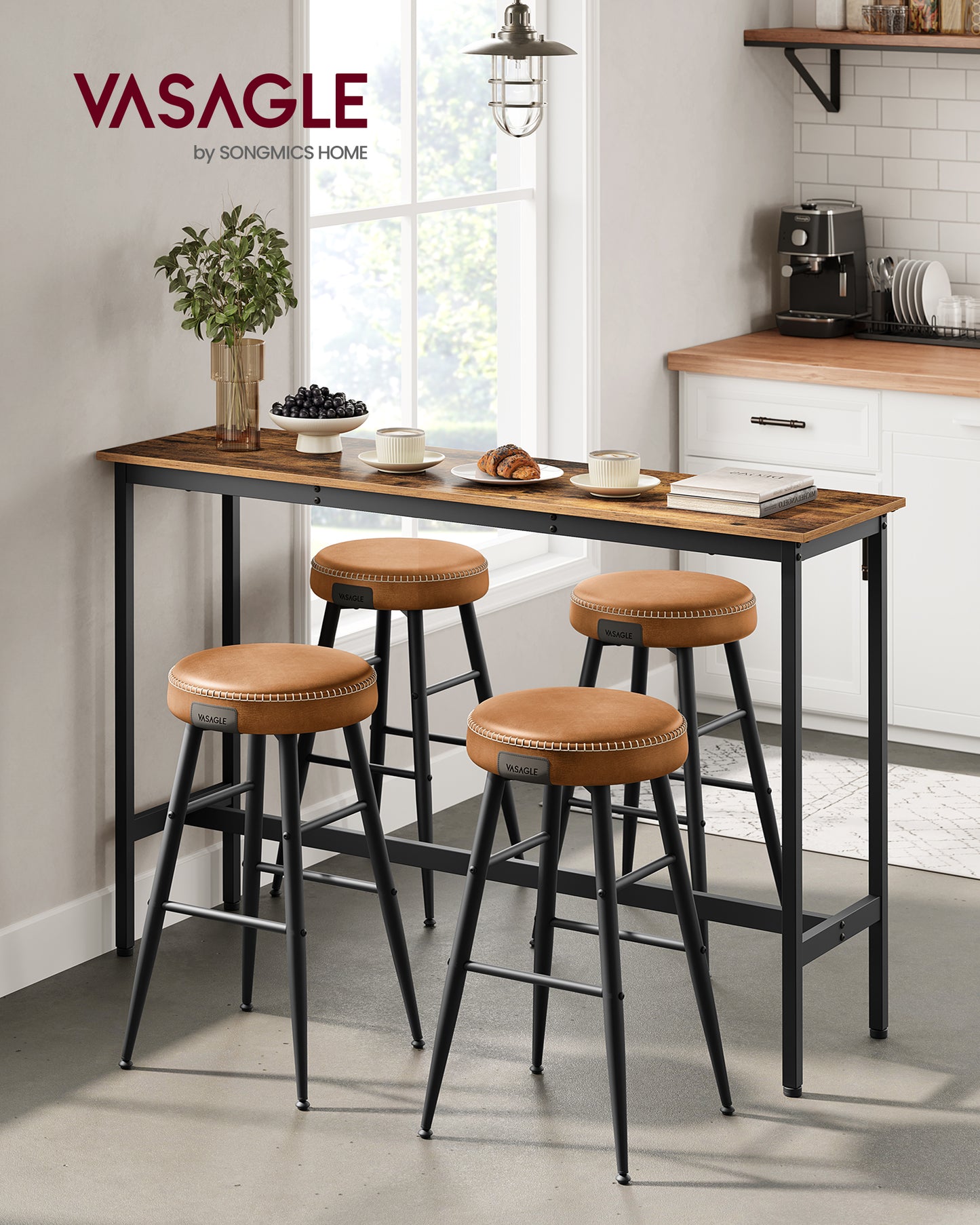 Bar Table, 55.1" Long Narrow Kitchen Dining Table, Industrial Metal Frame, Space-Saving Counter-Height Table, Easy Assembly, Rustic Brown & Black