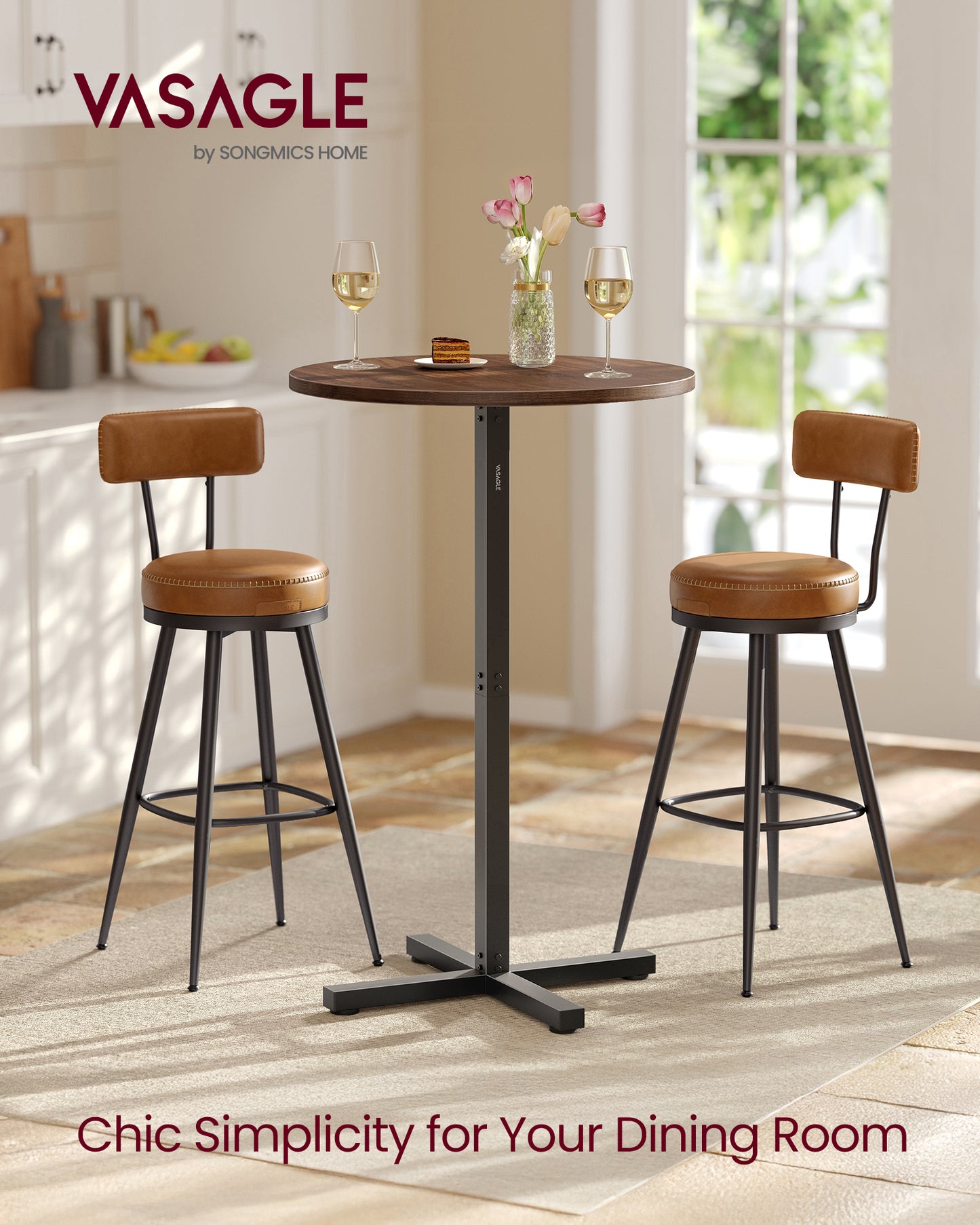 Round High-Top Cocktail Table for Small Spaces, 23.6 Inch Dia Bar Table with Cross Base and Adjustable Feet, Seats 2-3, 41.1" Height, Natural Walnut