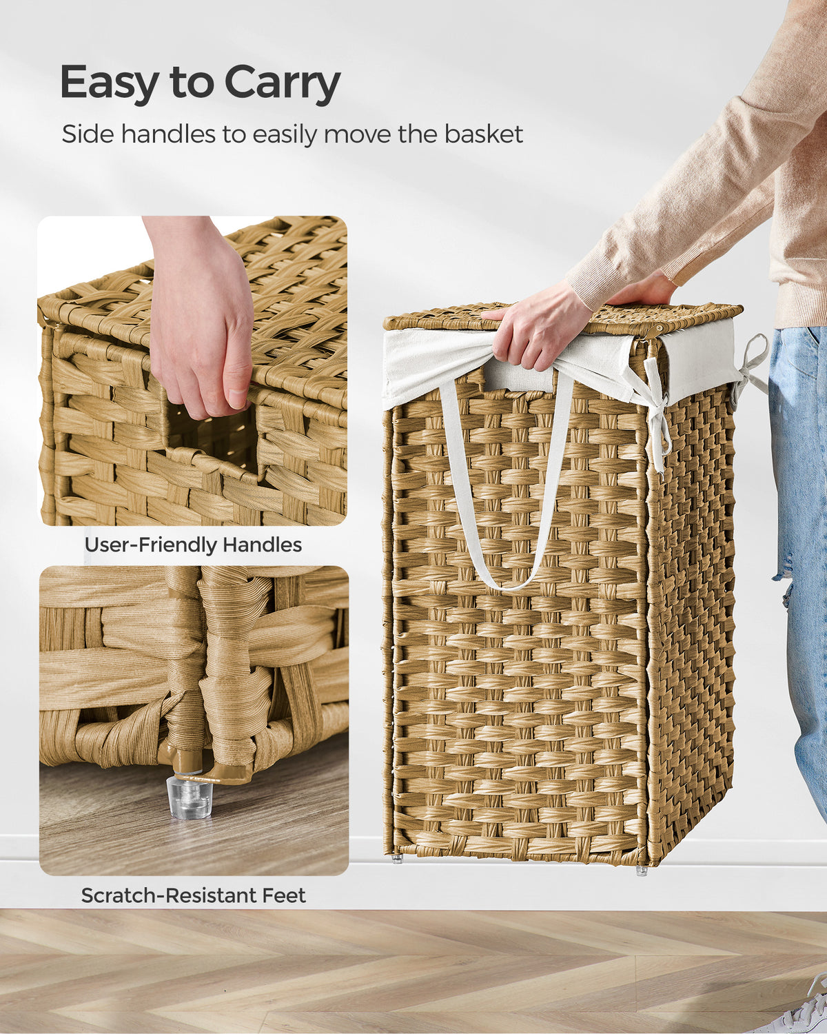 SONGMICS Laundry Hamper with Lid, 23.8 Gallon (90 L) Synthetic Rattan Clothes Laundry Basket with Lid and Handles, Foldable, Removable Liner, Goose Yellow